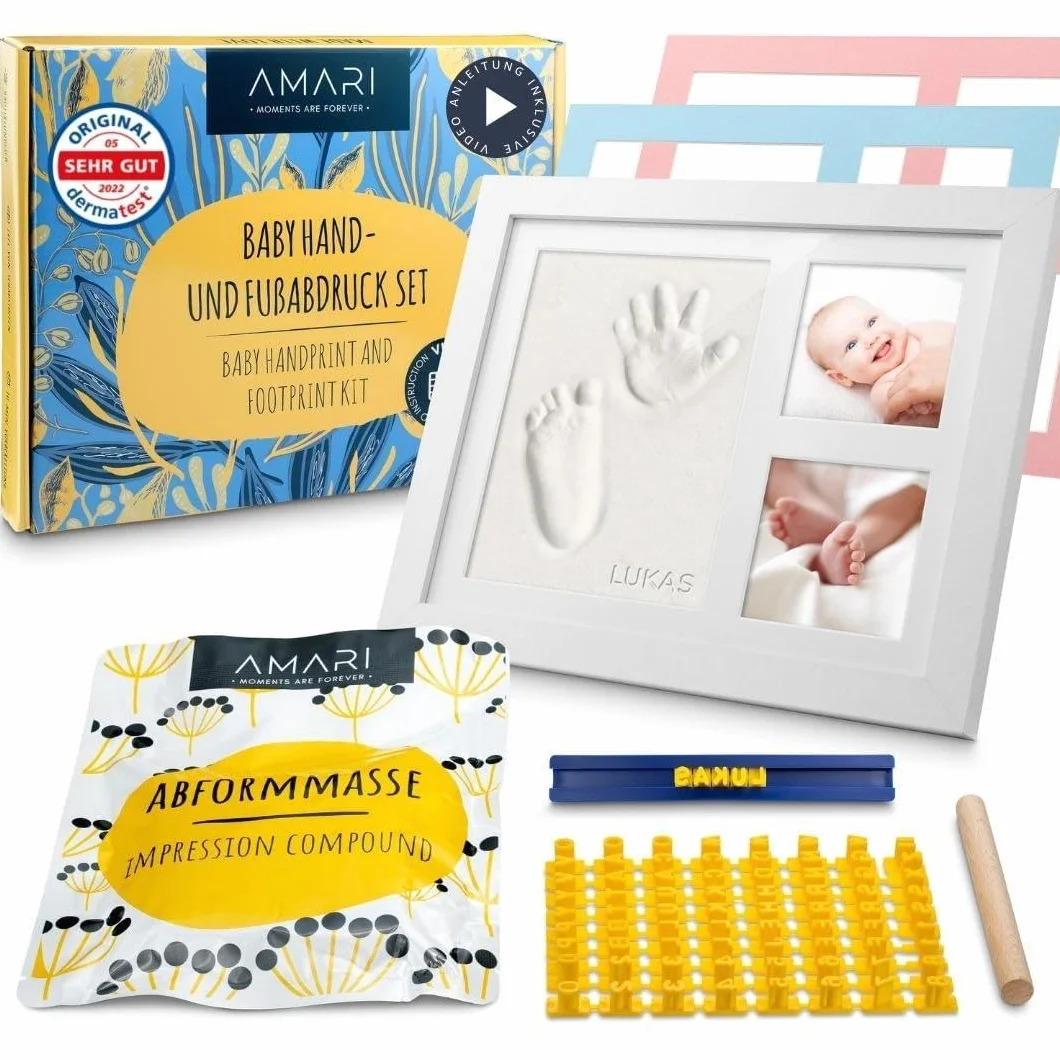 Kit d'empreintes de plâtre pour bébé - Main et pied avec cadre photo - Cadeau de naissance