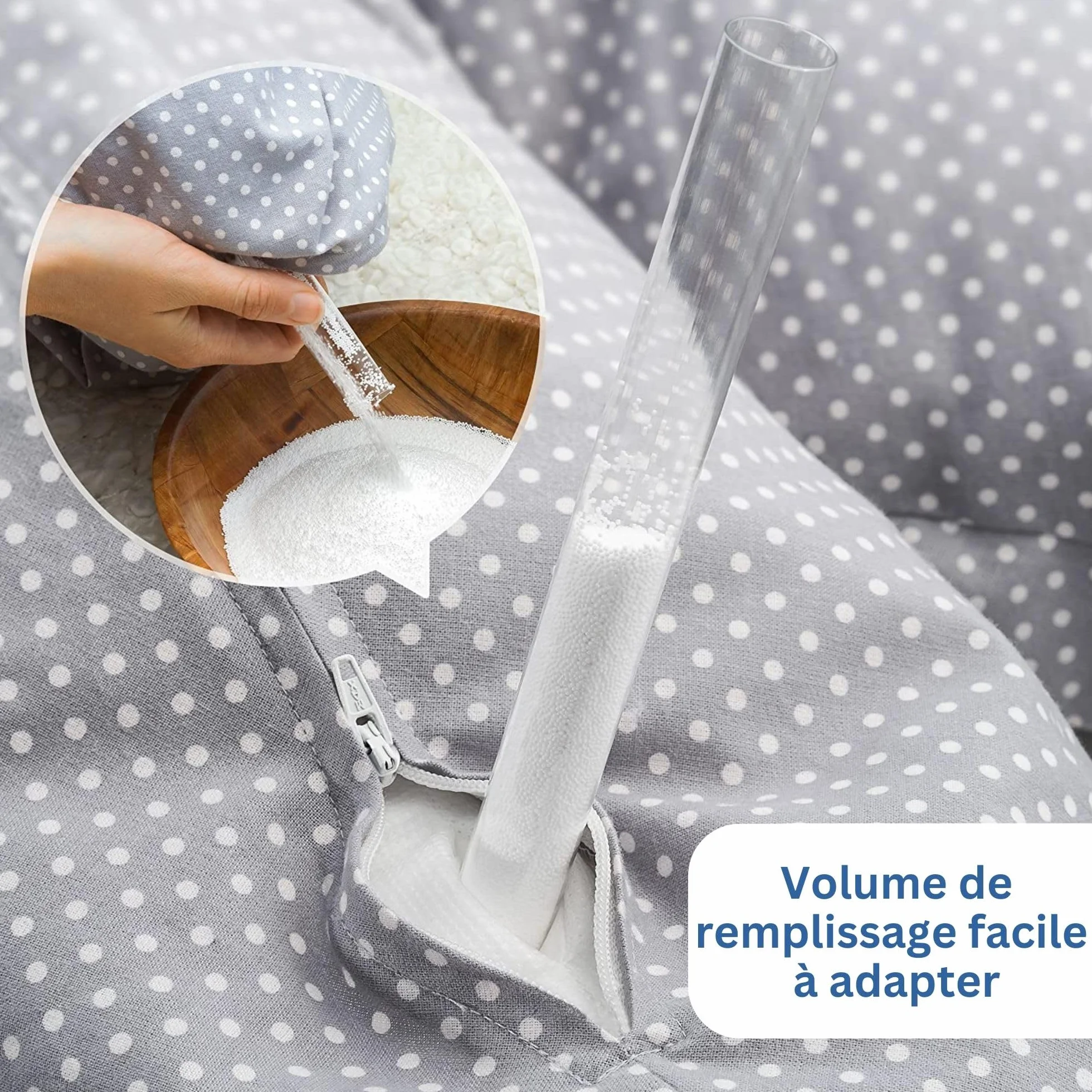 Theraline Coussin Allaitement Dodo Pillow Premium 180 cm Housse Coton Fines Billes Silencieuses Déhoussable Pois Gris