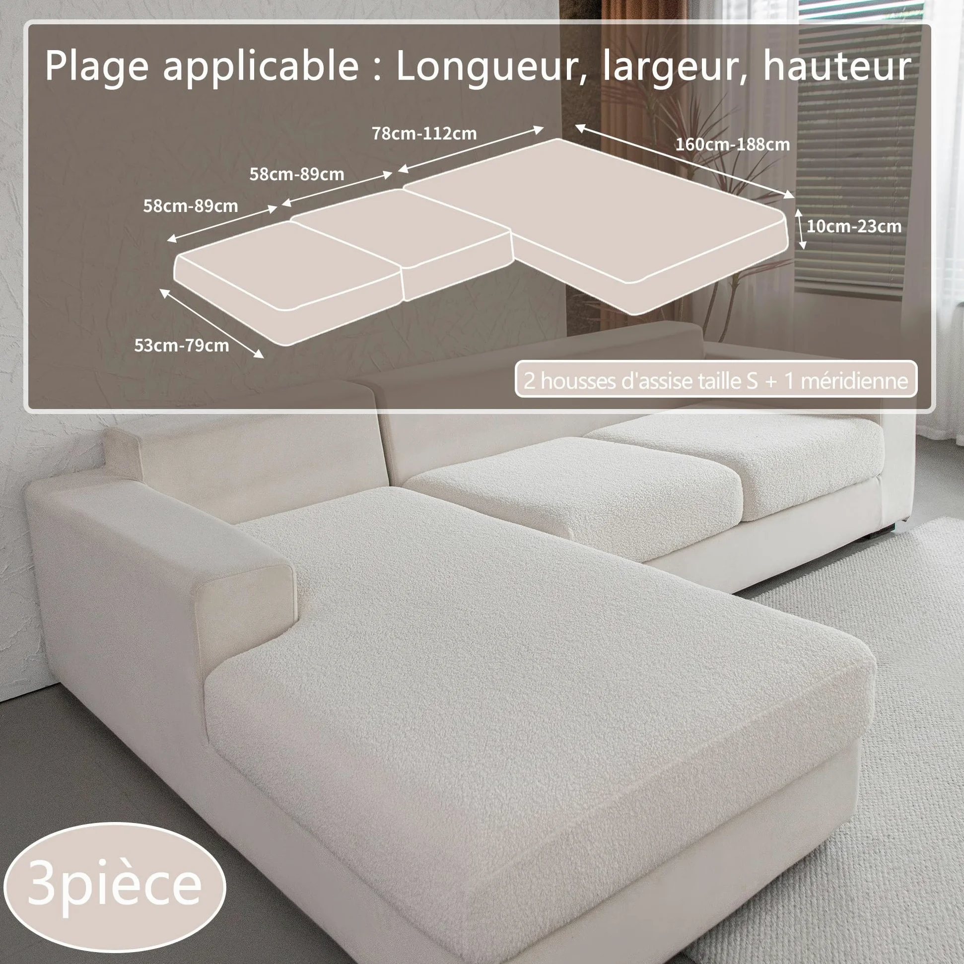 OHSIO Housse de canapé - Haute élasticité et antidérapante - Lavable et adaptée aux Animaux de Compagnie - Résistante - Ivoire - 2 Housses de siège S + 1 Housse de Chaise Longue