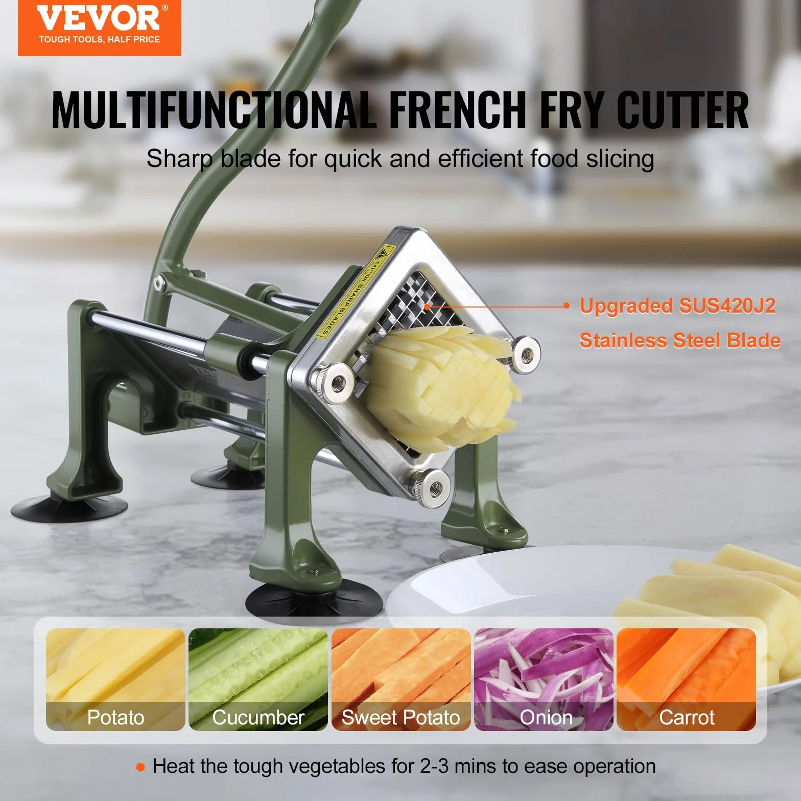 VEVOR Coupe-Frites Manuel, Coupe-Légumes Multifonction Lame Acier Inoxydable 9,5 mm, Coupe Pomme de Terre avec Pieds à Ventouse