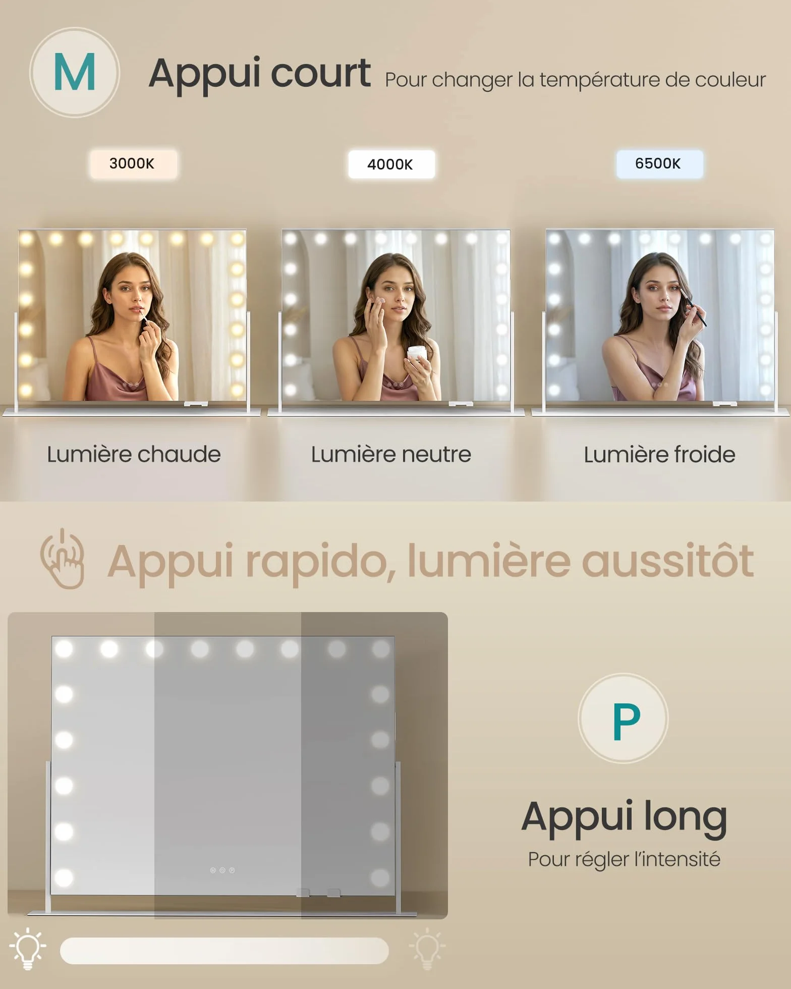 SONGMICS Miroir de Maquillage LED 80x60 cm 18 Ampoules 10x Grossissant Détachable 3 Températures