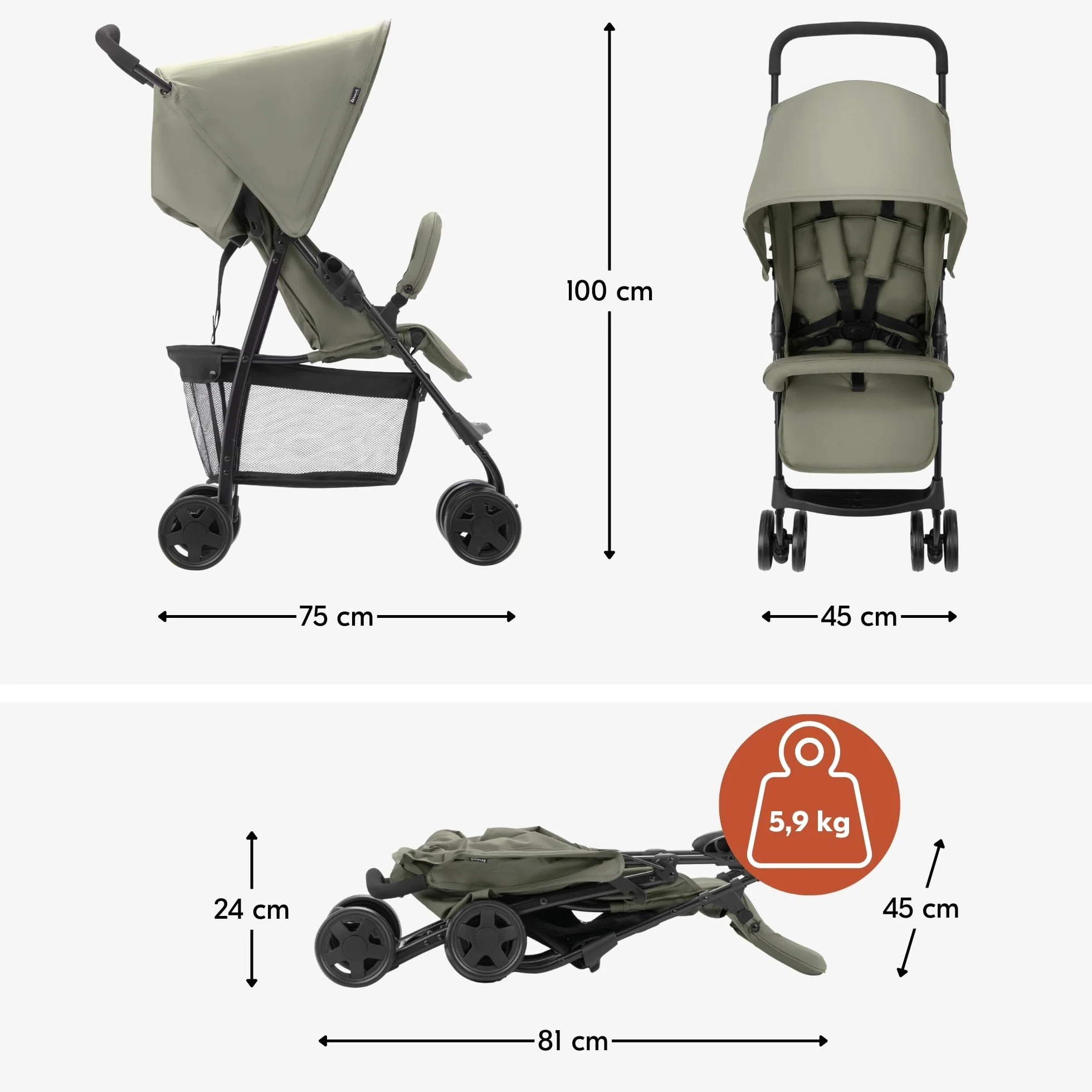 Hauck Poussette Compacte Citadine Sport 5,9 kg Pliable Inclinable 15 kg Capote Pare-Soleil Grand Panier 3 kg Olive