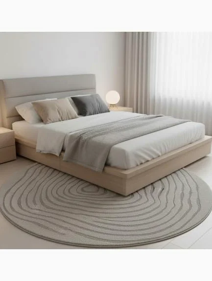 Tapis Rond Moderne à Relief Fluide avec Lignes organiques superposées - Dimension 120 cm Ronde, Couleur Gris