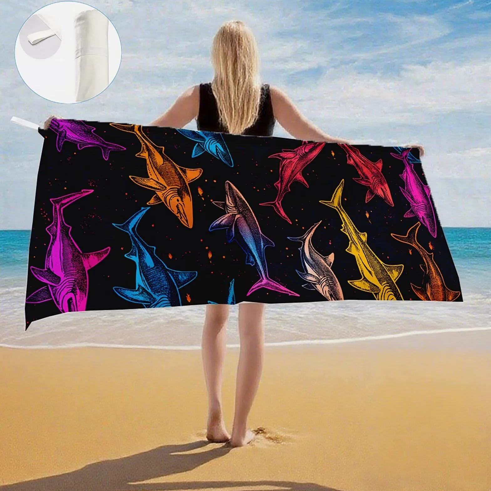 Serviette Plage Poisson Motif, Serviette de Plage XXL 100x180 avec Sac, Serviettes de Bain Microfibre Séchage Rapide Anti-Sable Absorbante Fonction pour Bain, Sport, Voyages, Sauna, Piscine Q-628