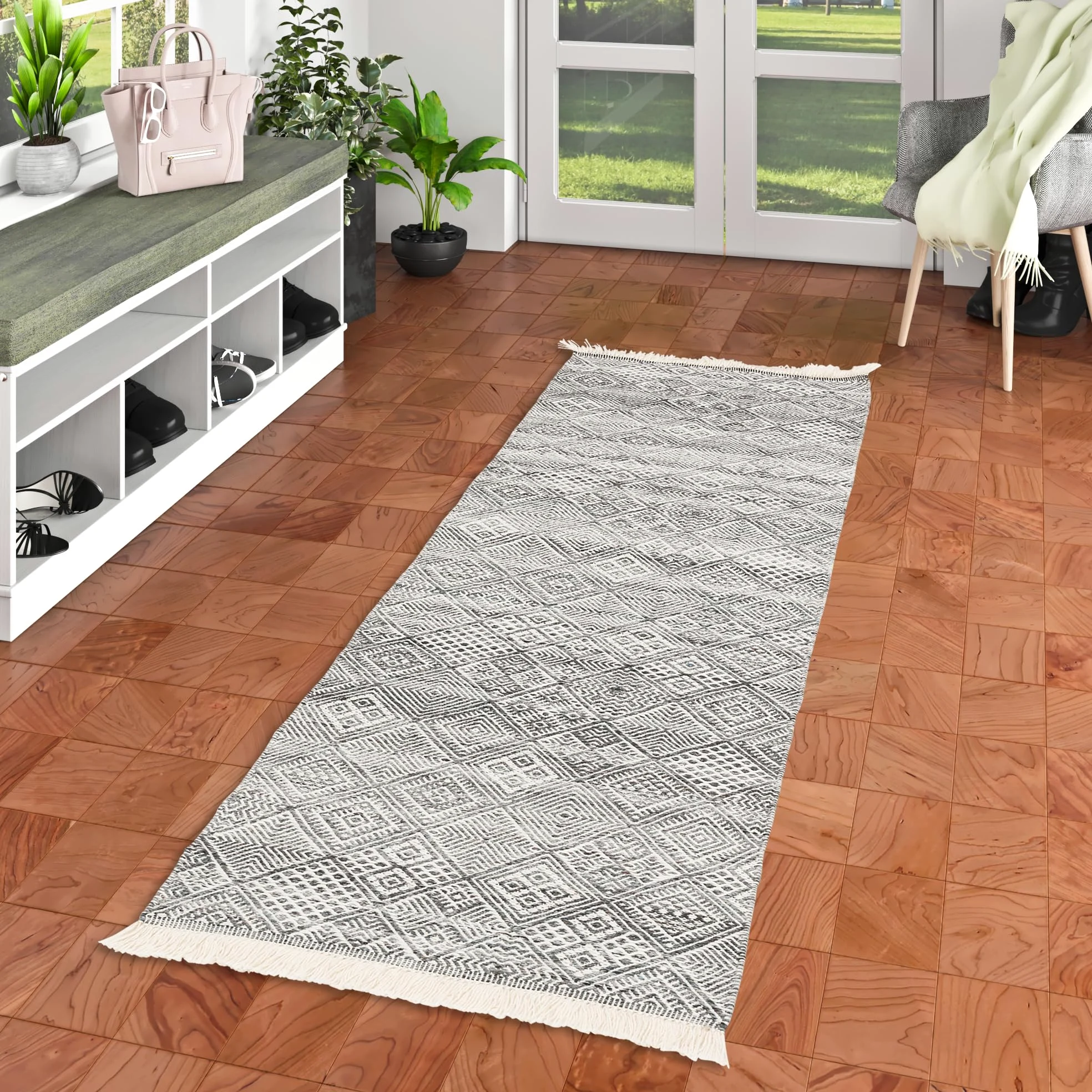 Tapis Durable Tapis de Passage Kelim Fina Anthracite Tendance 100% Pet en 3 Tailles