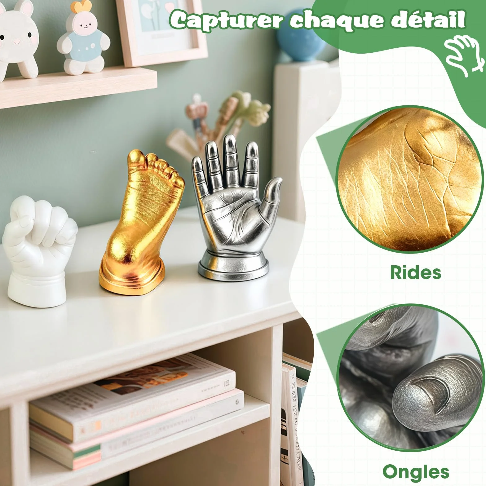 Empreinte Main Pied Bebe 0-9 Mois Kit de Moulage 3D 4 Moulages avec Peintures Non Toxique Souvenirs Personnalisés Cadeau Naissance