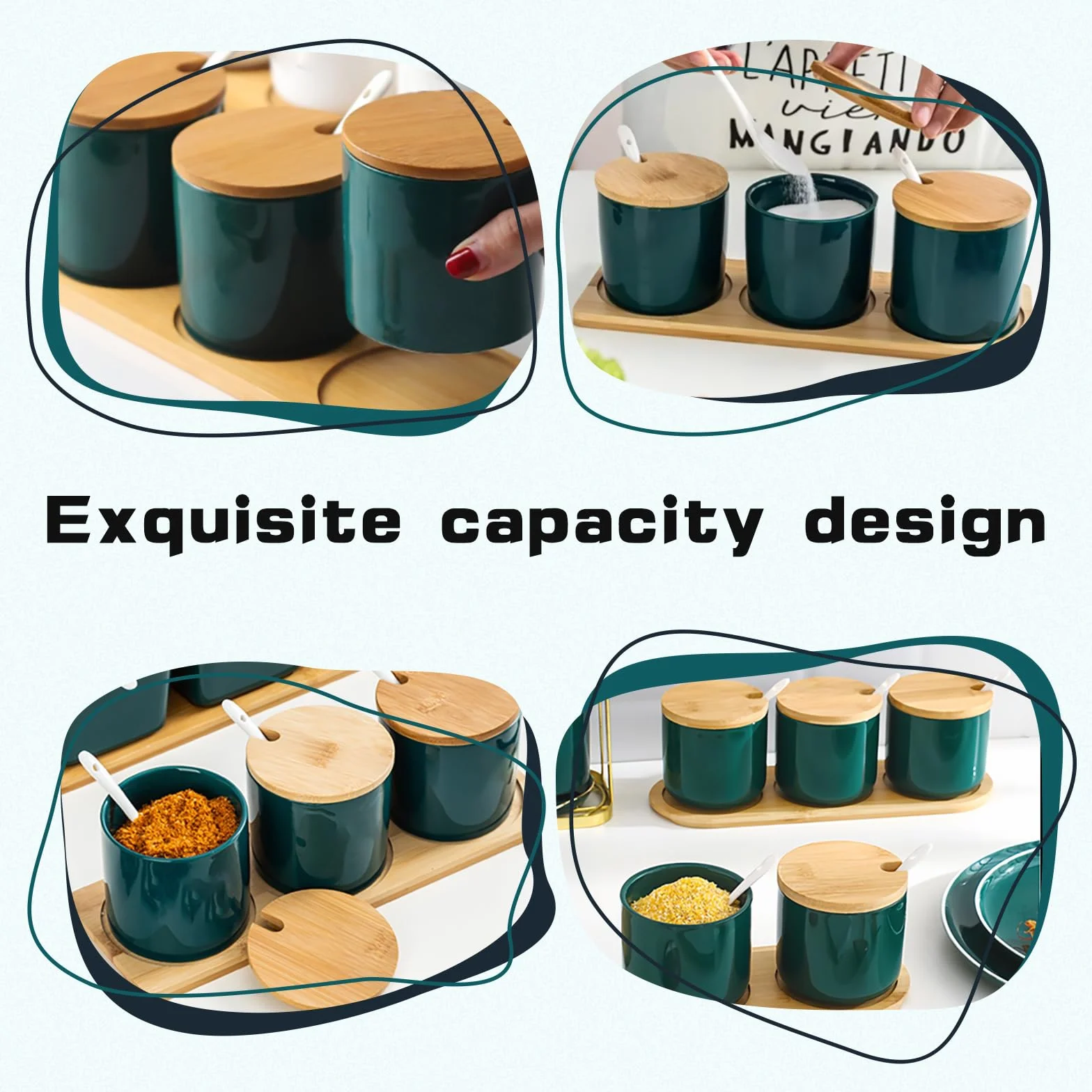 Salière en céramique avec couvercle en bois et cuillère, vert émeraude, récipient à sel moderne pour cuisine et table