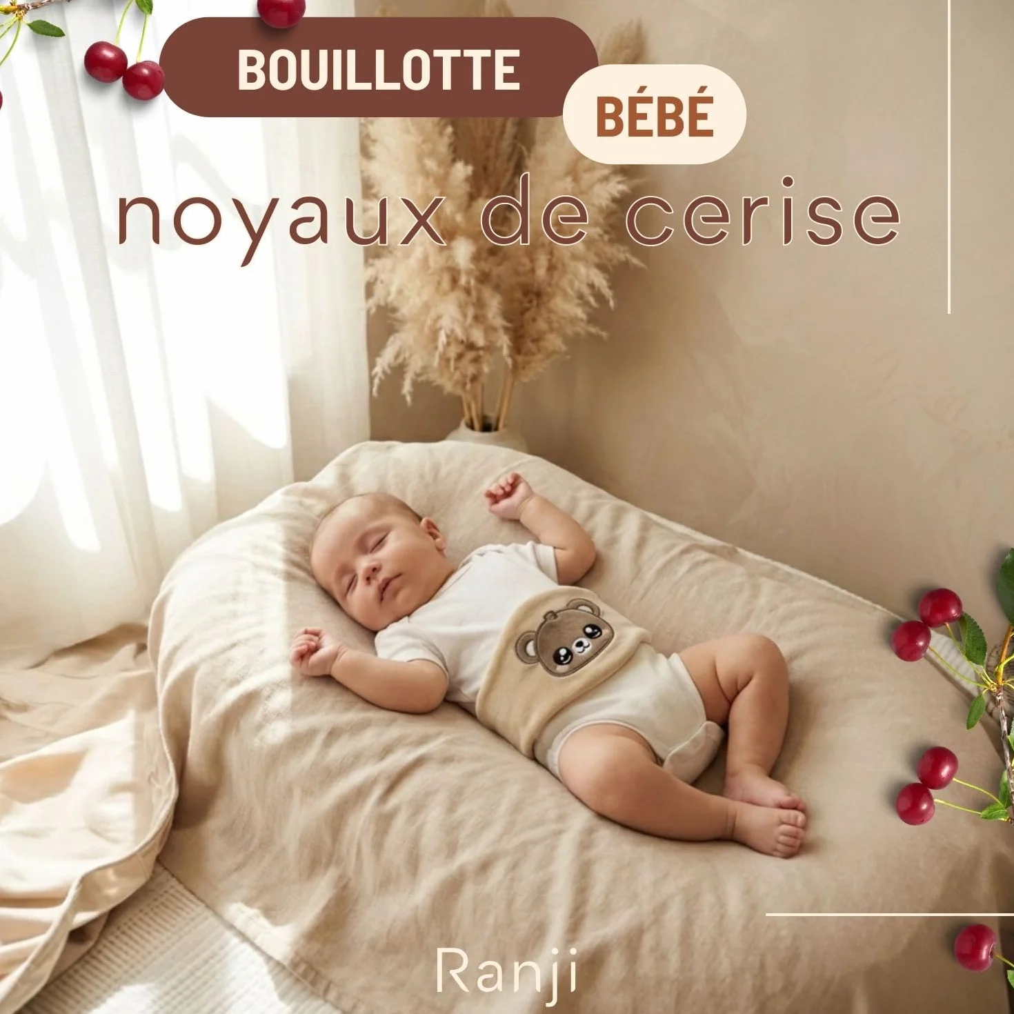 Bouillotte Bébé Anti Colique à Noyaux de Cerise Ceinture Chauffante Micro-ondes OEKO-TEX Coton Bio GOTS Ourson