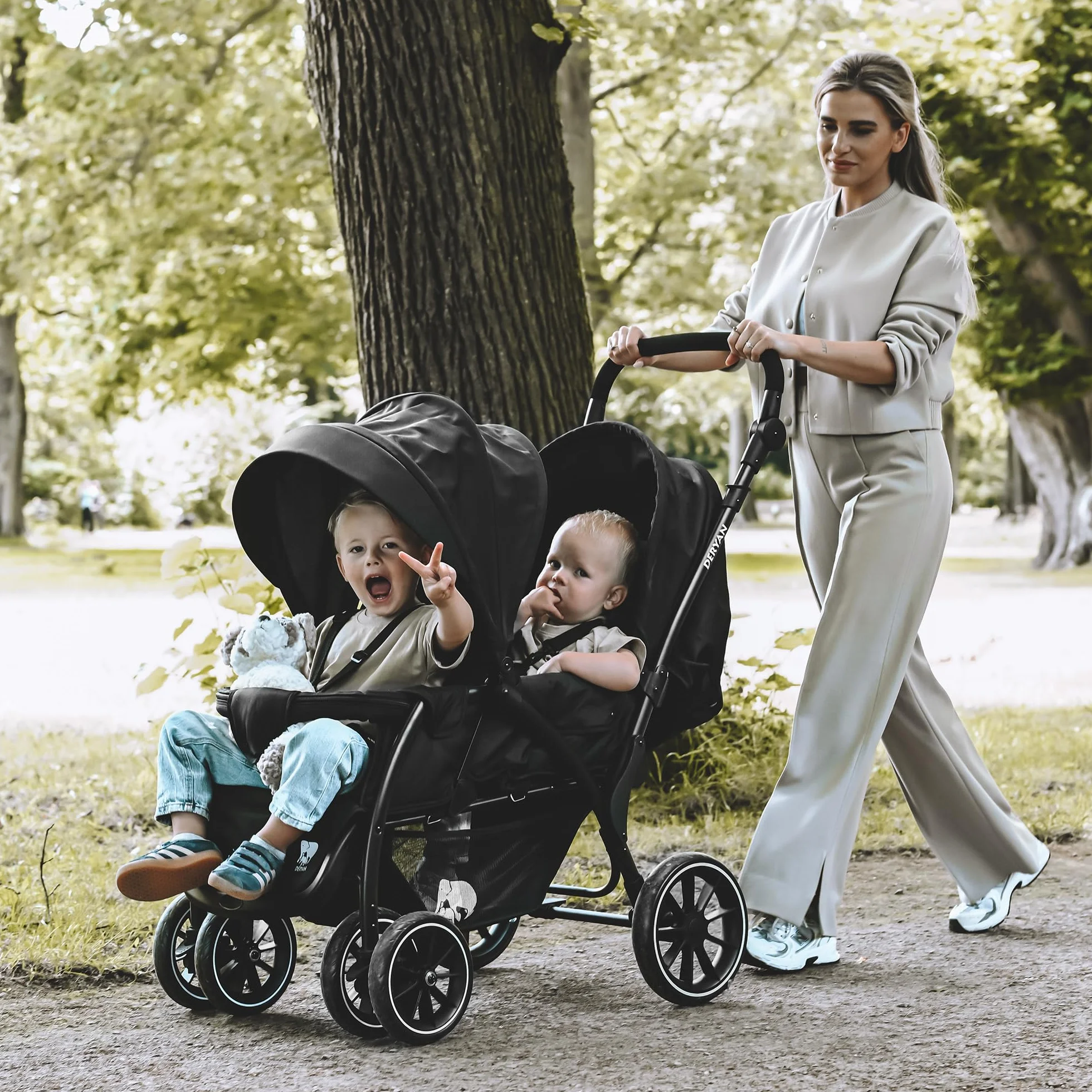 Poussette Duo Tandem pour Enfants Deryan Elena Double Duett avec Harnais 5 points Ajustable Noir
