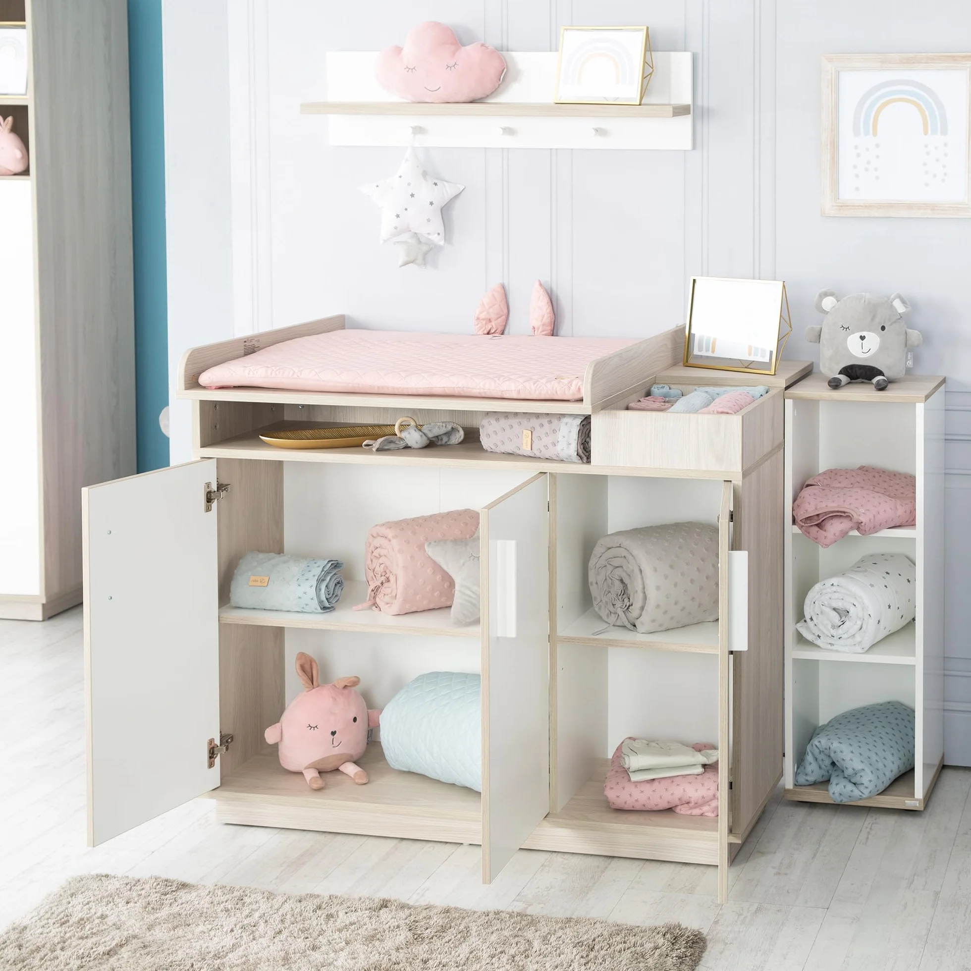 Chambre Bébé Complète Olaf Lit Évolutif 70 x 140 cm Commode à Langer Armoire 3 Portes Blanc Décor Bois