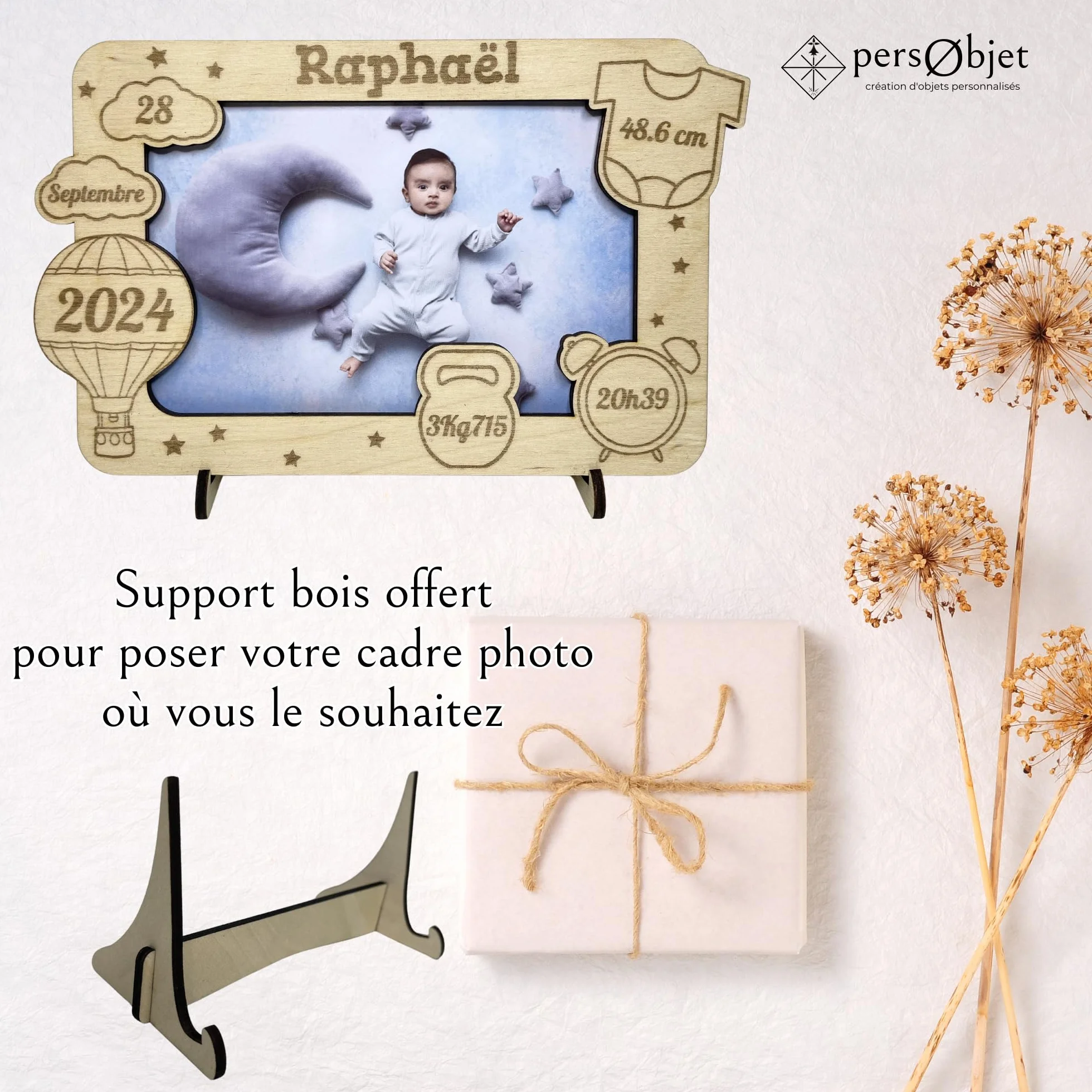 Cadre Photo Naissance Bois Personnalisable Montgolfière - Souvenir Bébé - Décoration Chambre Bébé