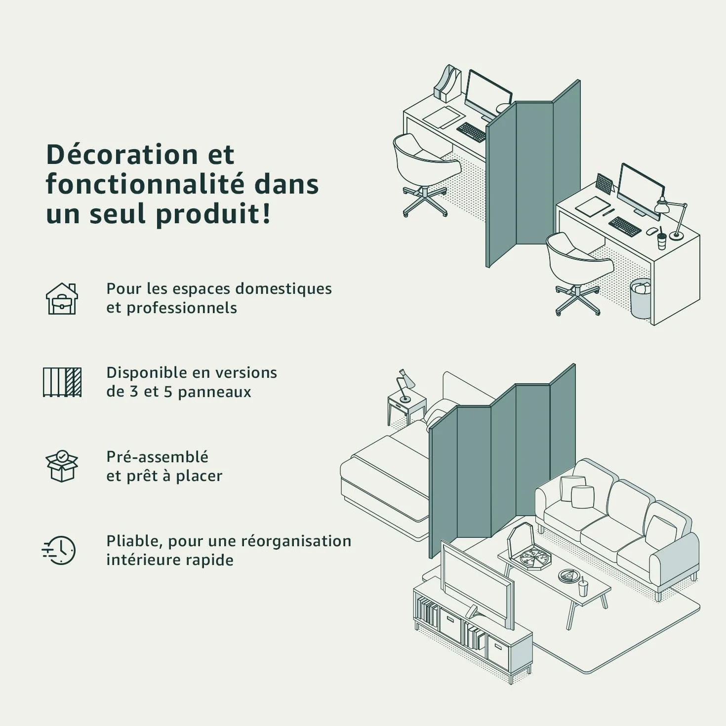 decomonkey Paravent décoratif intérieur Plante Gris Vert 225x172 cm | Cloison de séparation, Paravent en Bois, seul côté, Forêt Jungle Arbres Feuilles Nature Tendances Couleurs de