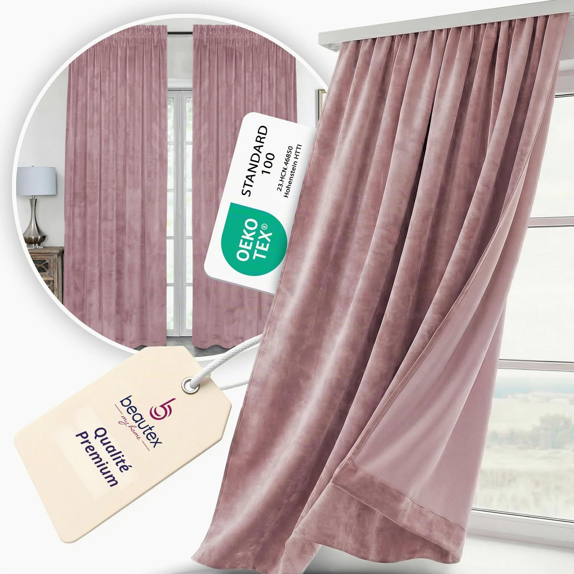 BEAUTEX Rideau en velours avec galon fronceur et bande en U, rideau en velours occultant et opaque, 300x245 cm (Largeur 300 cm, Hauteur 245 cm, Rose)