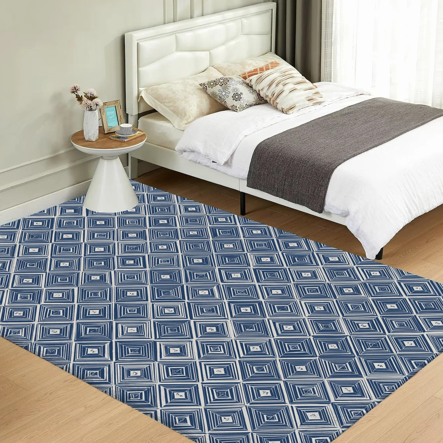 Tapis Lavable Losange Rayé, Antidérapant Géométrie Orientale, Résistant Aux Taches pour Intérieur, Décoration pour Salon, Chambre À Coucher, Bureau - Bleu Marine - 80X150Cm