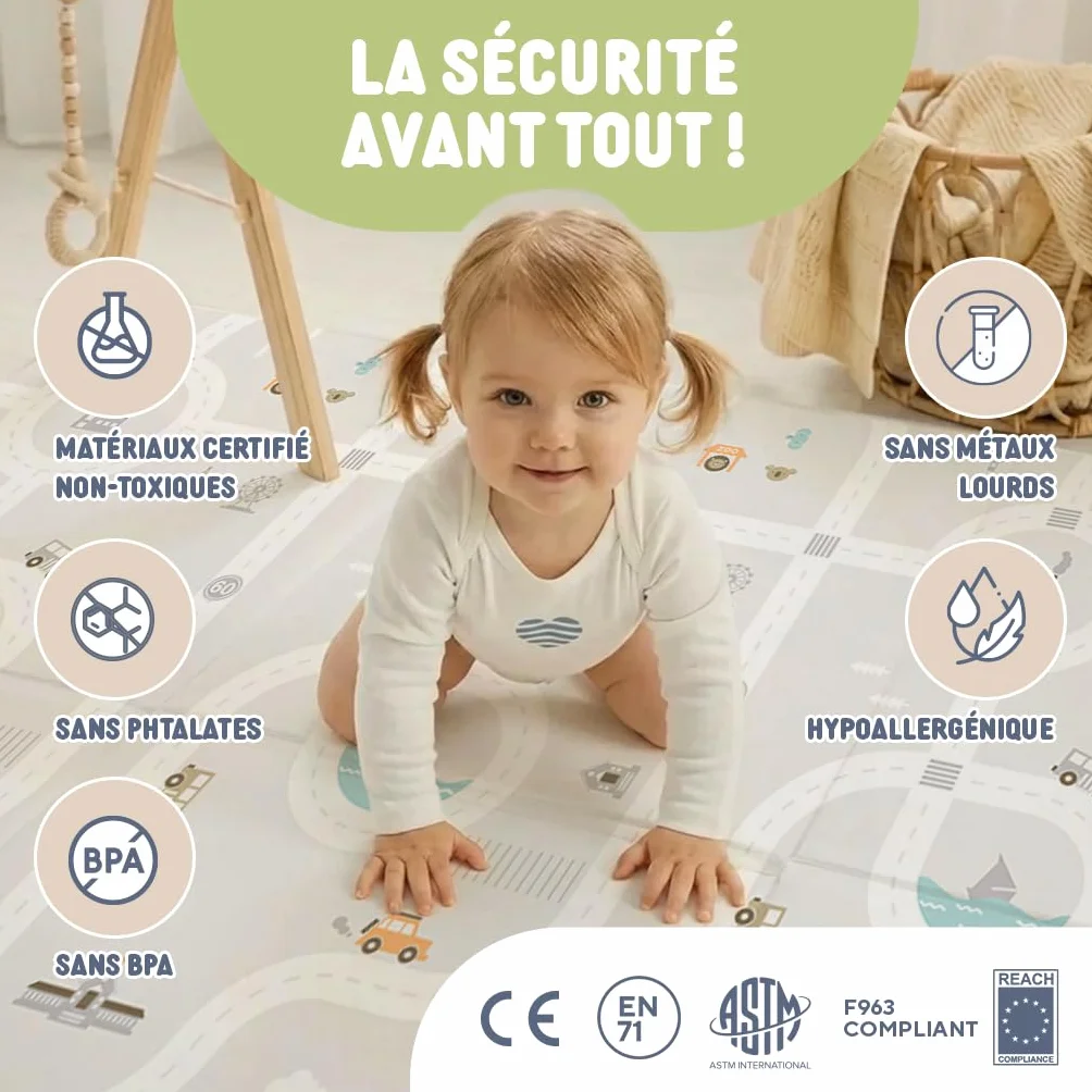 Tapis d'Éveil et de Jeux Bébé Treelys Urban Railway 150x200 cm Circuit Routier Pliable Réversible XPE 15mm EN71 0-3 Ans