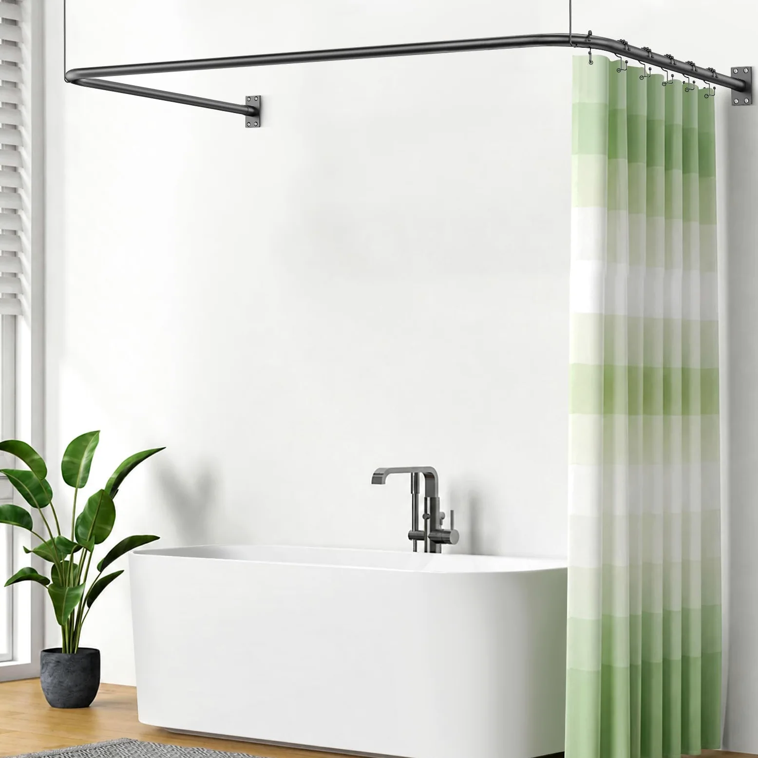 Barre de rideau de douche en forme de U/L [75-78x150-190x75-78] cm | barre de douche d'angle réglable incl. 20 anneaux de rideau, barre de douche d'angle pour baignoire noire
