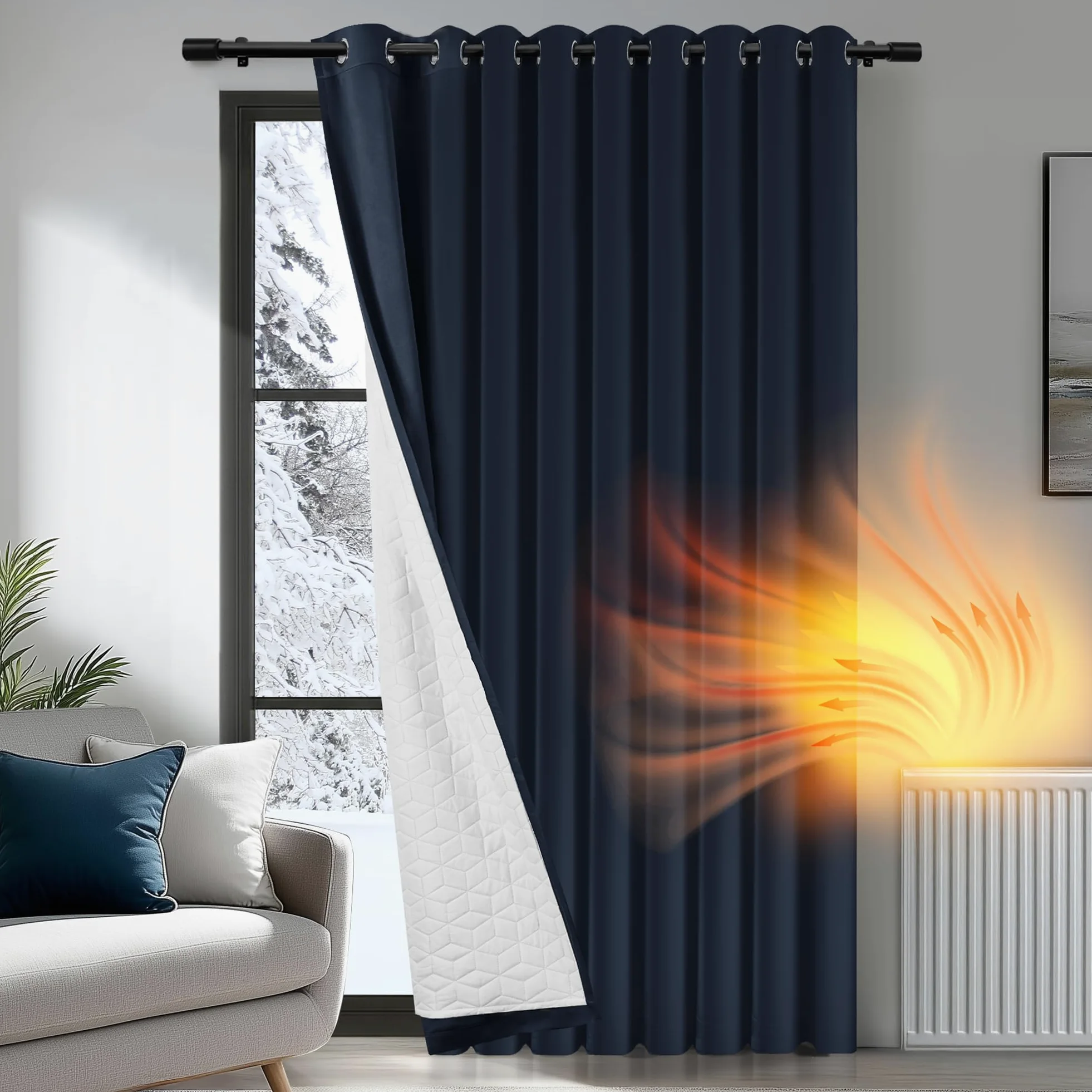 Deconovo Lot de 1 Rideau occultant, Opaque, avec Volants, Thermique, pour Chambre à Coucher, Salon, Isolation Thermique Dos Blanc, 300L X 245H cm (1 Panneaux) Bleu Marine