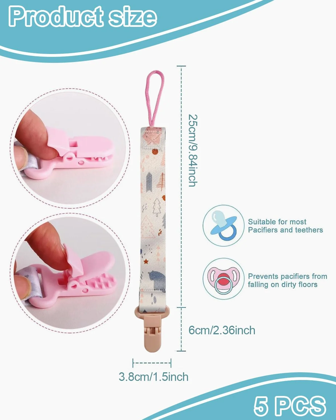 Attache Sucette Bébé Lot de 5, attaches-tétines avec sangles en coton, Pacifier Clip Chain