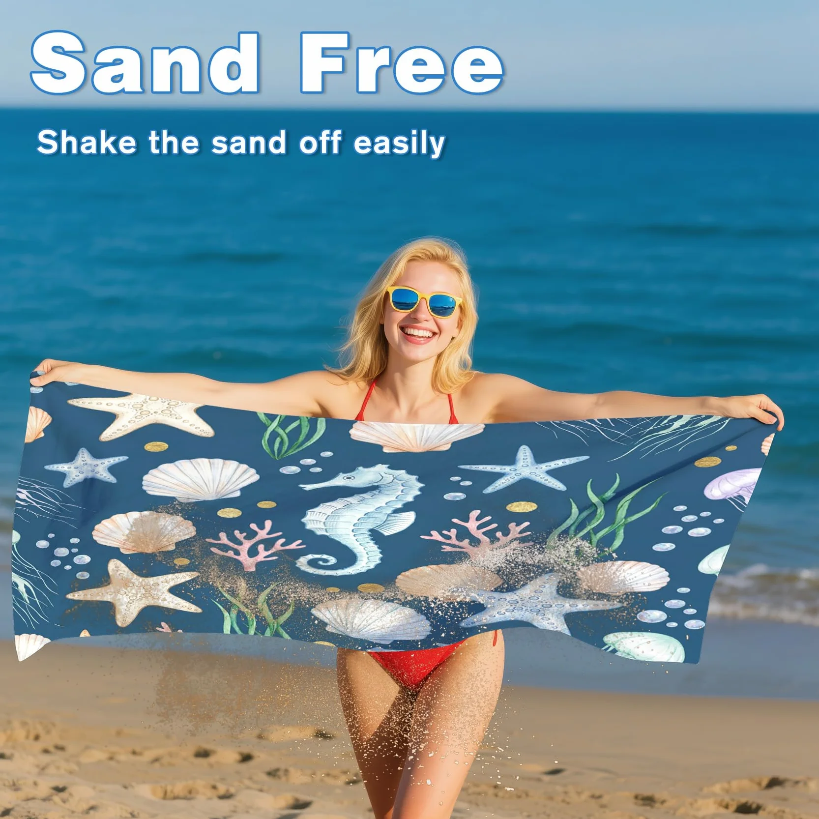 Serviette de Plage XXL Microfibre Coquillage étoile de Mer Hippocampe, Drap de Plage Séchage Rapide Anti Sable & Légère, Serviette de Bain Grande Taille 200x200 cm, Accessoire & Cadeau été
