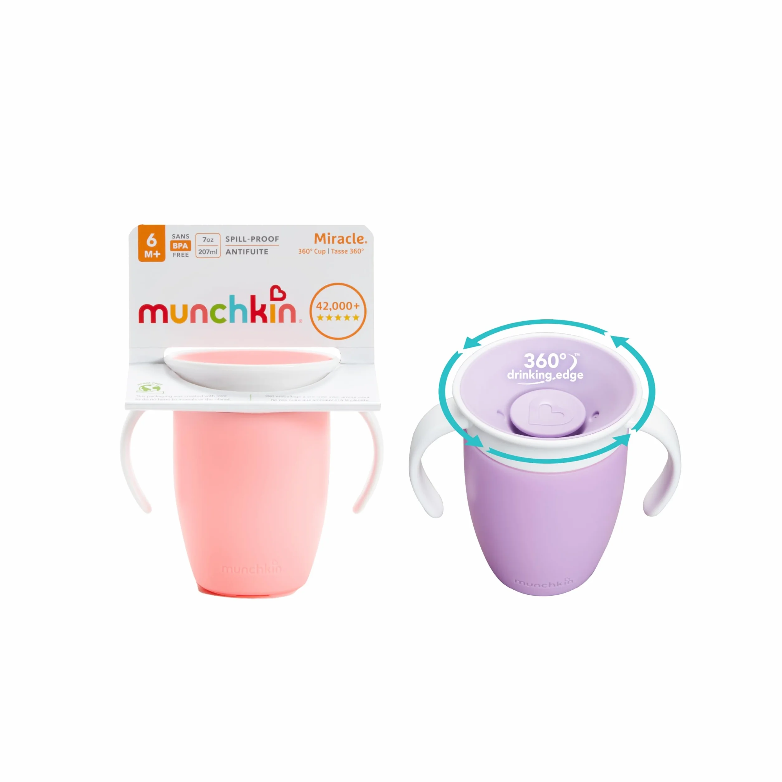 Munchkin Tasses d'apprentissage Miracle 360 2 Pack 7oz/207ml Rose/Violet Sans BPA Étanche