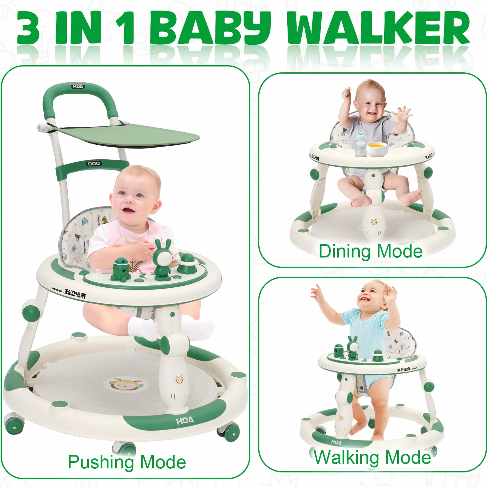 Trotteur Bébé Evolutif 3en1, Jumper Bébé Roues Silencieuses 360°, Centre de Jeux, Table à Manger, Réglable Hauteur, Pliable, Vert