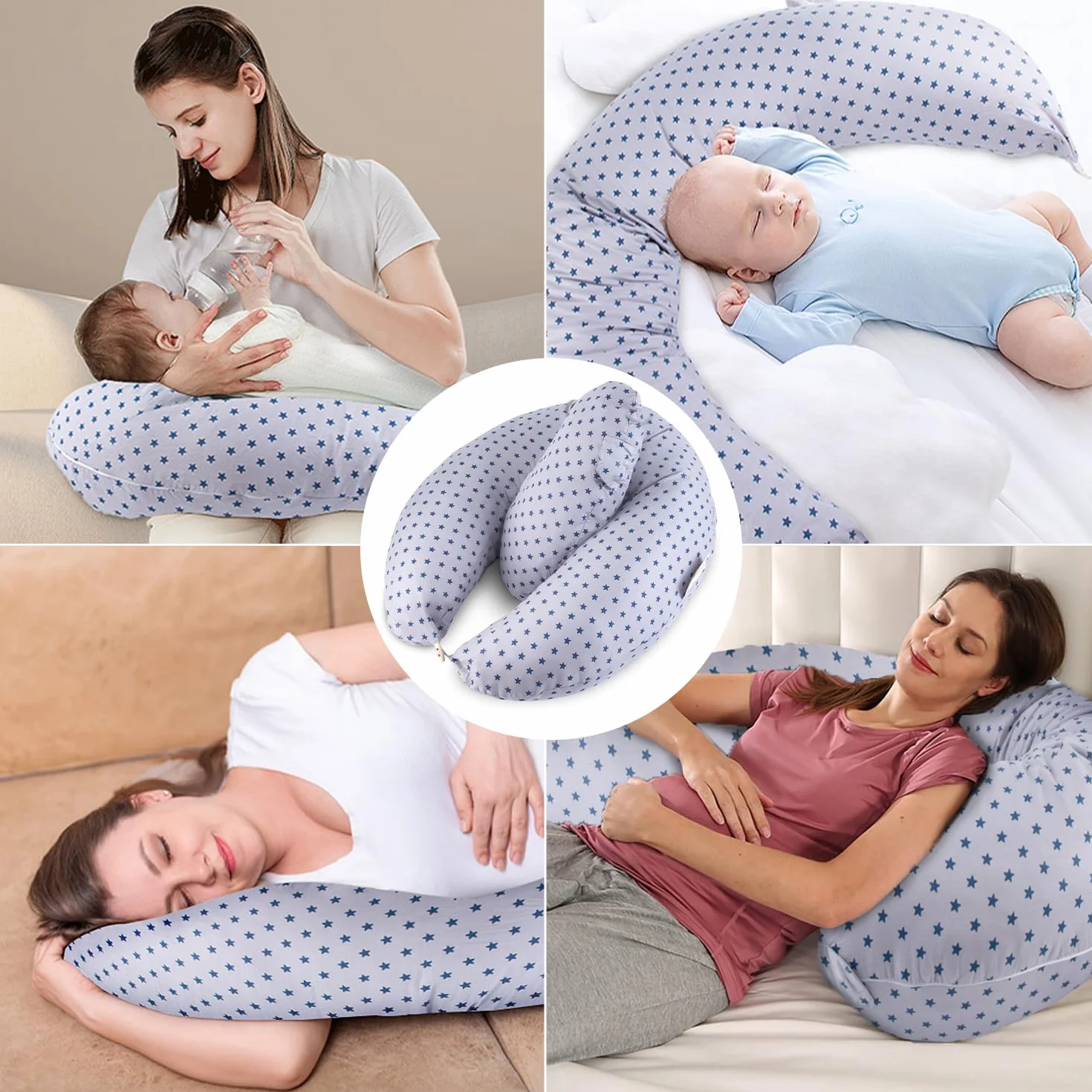 Coussin Allaitement 2 en 1 XXL Grossesse avec Housse Coton Bleu