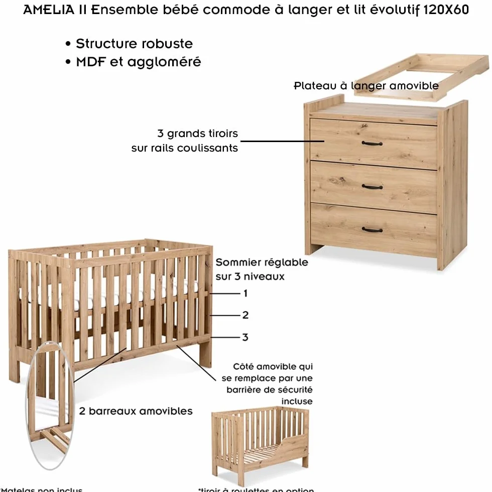Mon Mobilier Design Amelia II Ensemble bébé Commode à Langer et lit évolutif 120x60 Chêne