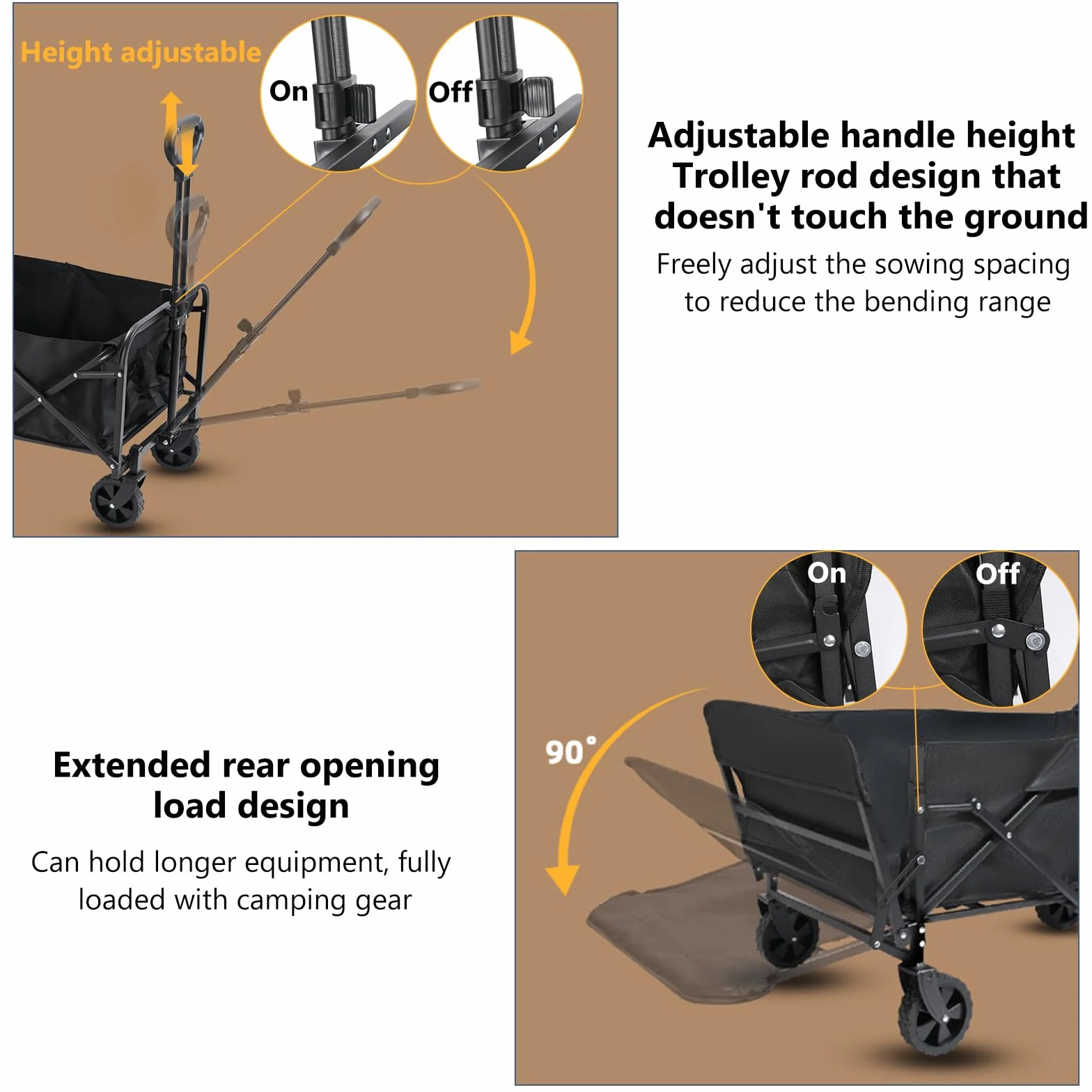 Chariot de Plage Pliable 120L 120KG avec Hayon Arrière Rabattable, Roulettes 360° et Porte-Gobelets