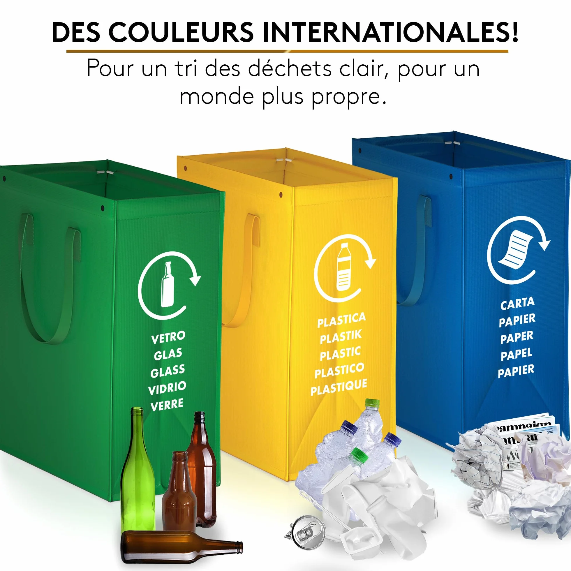 Sac tri selectif 3 bac poubelle tri verre papier plastique flexible avec poignée recyclage
