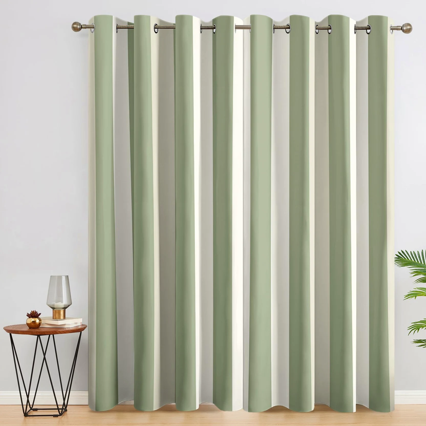 Rideau Occultant Rayures, Rideaux Motif Rayée Vert Sauge, Rideau Thermique à Oeillets, Rideau Fenetre Imprimé pour Salon Chambre, Lot de 2 Rideaux et Draperies Intérieurs, 140x220 cm