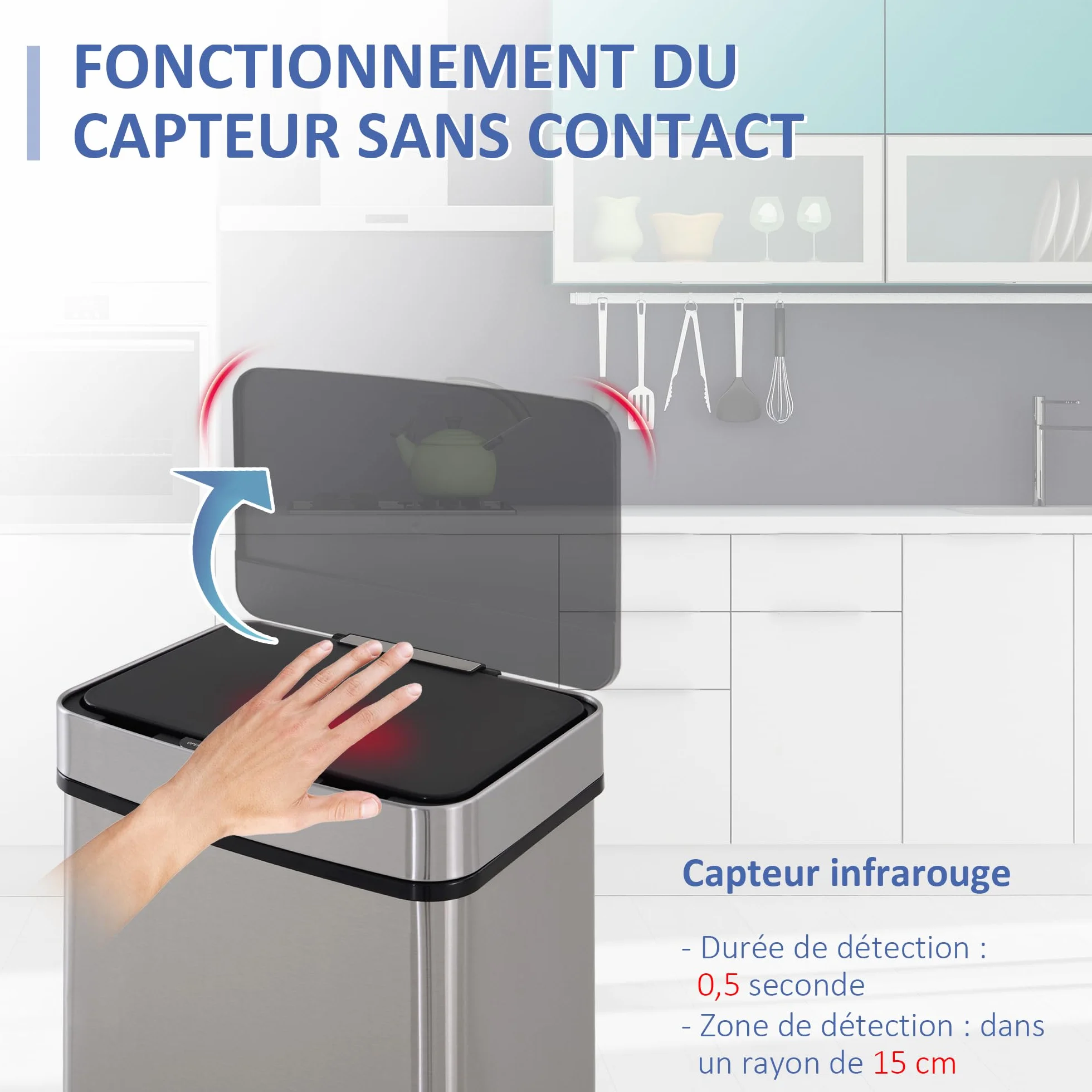 HOMCOM Poubelle de cuisine automatique Tri Sélectif 72L 3 compartiments acier inox 42 x 30 x 81 cm