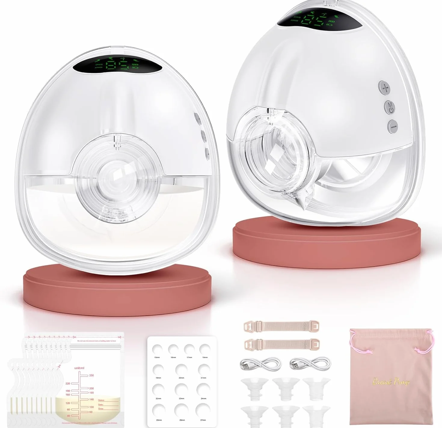 Lulia Tire Lait Electrique Main Libre LU05, 350mmHg Forte Aspiration, 4 Modes 9 Niveaux, Sans BPA, Bride 17/19/21/24 mm, Blanc 2 Paquets