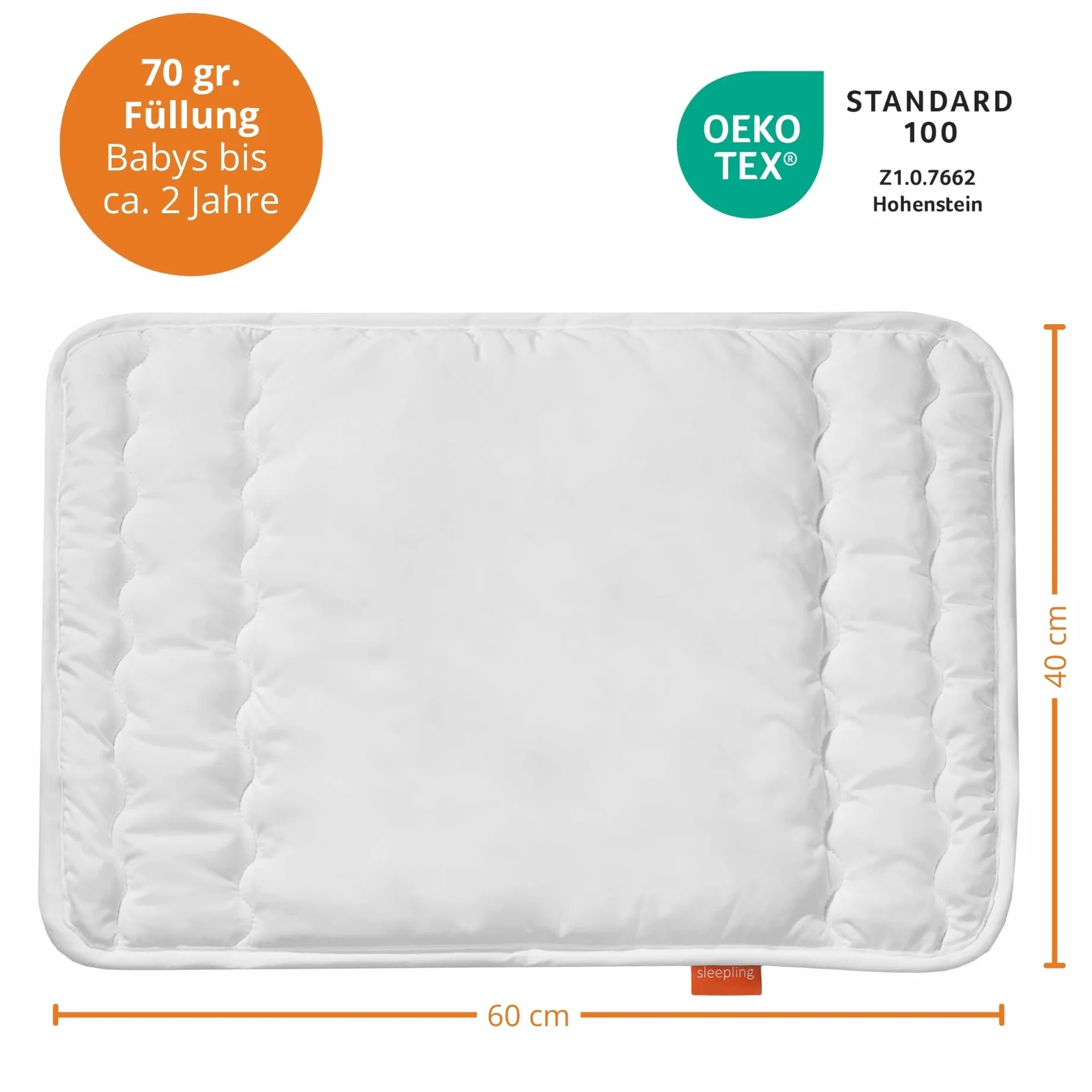 Oreiller Plat pour bébé 100% Microfibre hypoallergénique Ökotex 100 40 x 60 cm Blanc