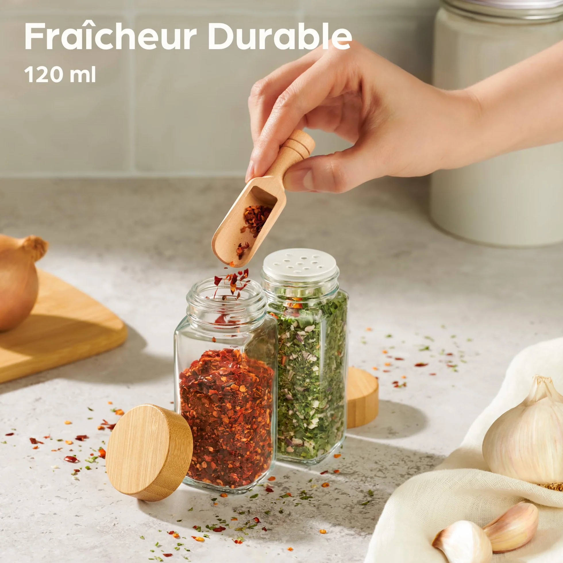 Pot à Épices avec Étiquettes Réutilisables - Lot de 12 x 120ml - Hermétiques - Inclus Brosse de Nettoyage & Cuillère en Bois