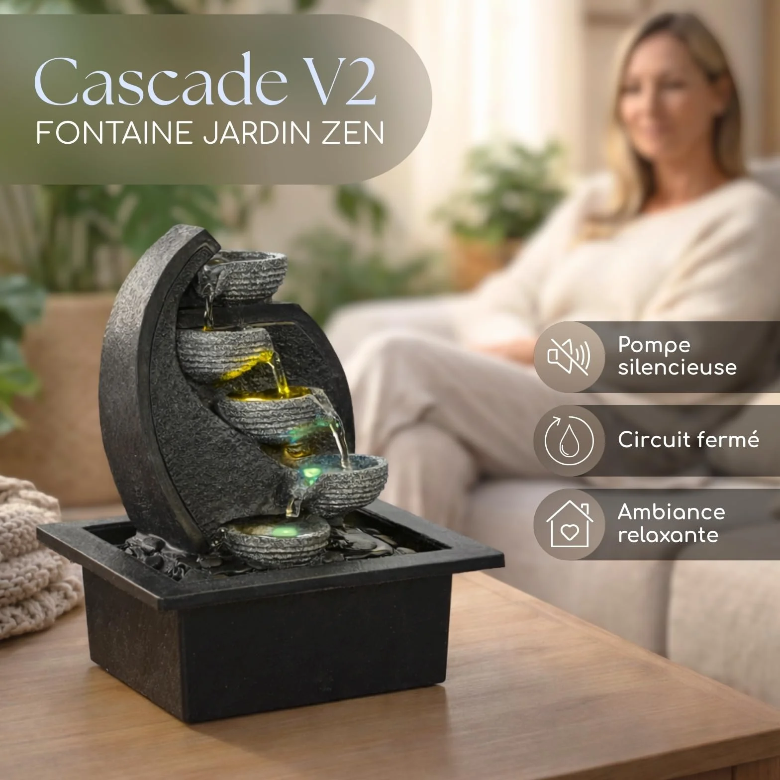 Fontaine d’Intérieur Cascade 4 Niveaux LED Effet Pierre Naturelle H 26 cm Zen'Light
