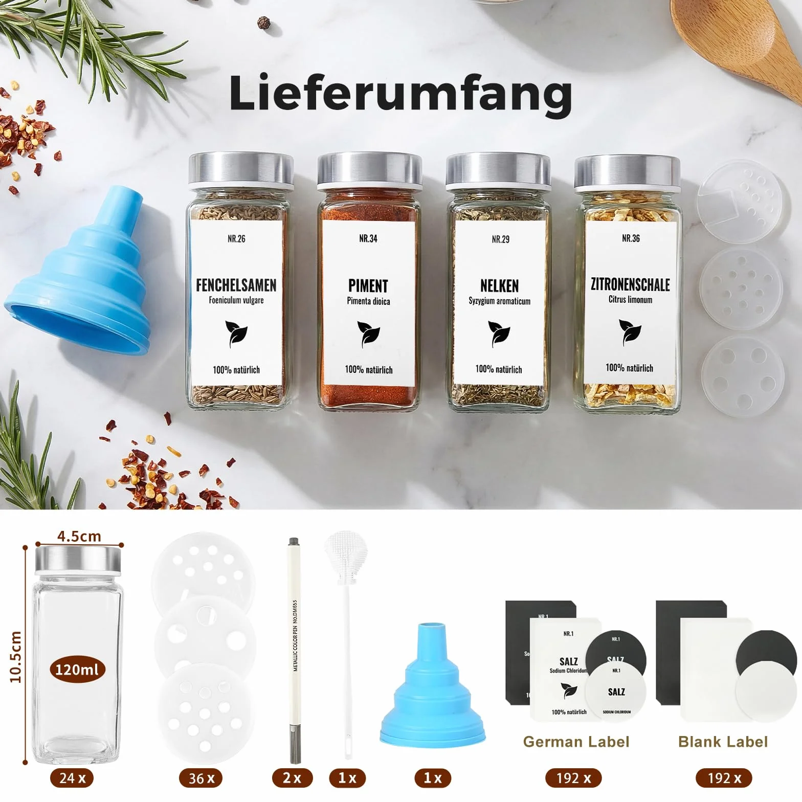 Bocaux à Épices Verre Carré 120ml 24 Pièces avec Couvercle Acier Inoxydable Rangement Cuisine