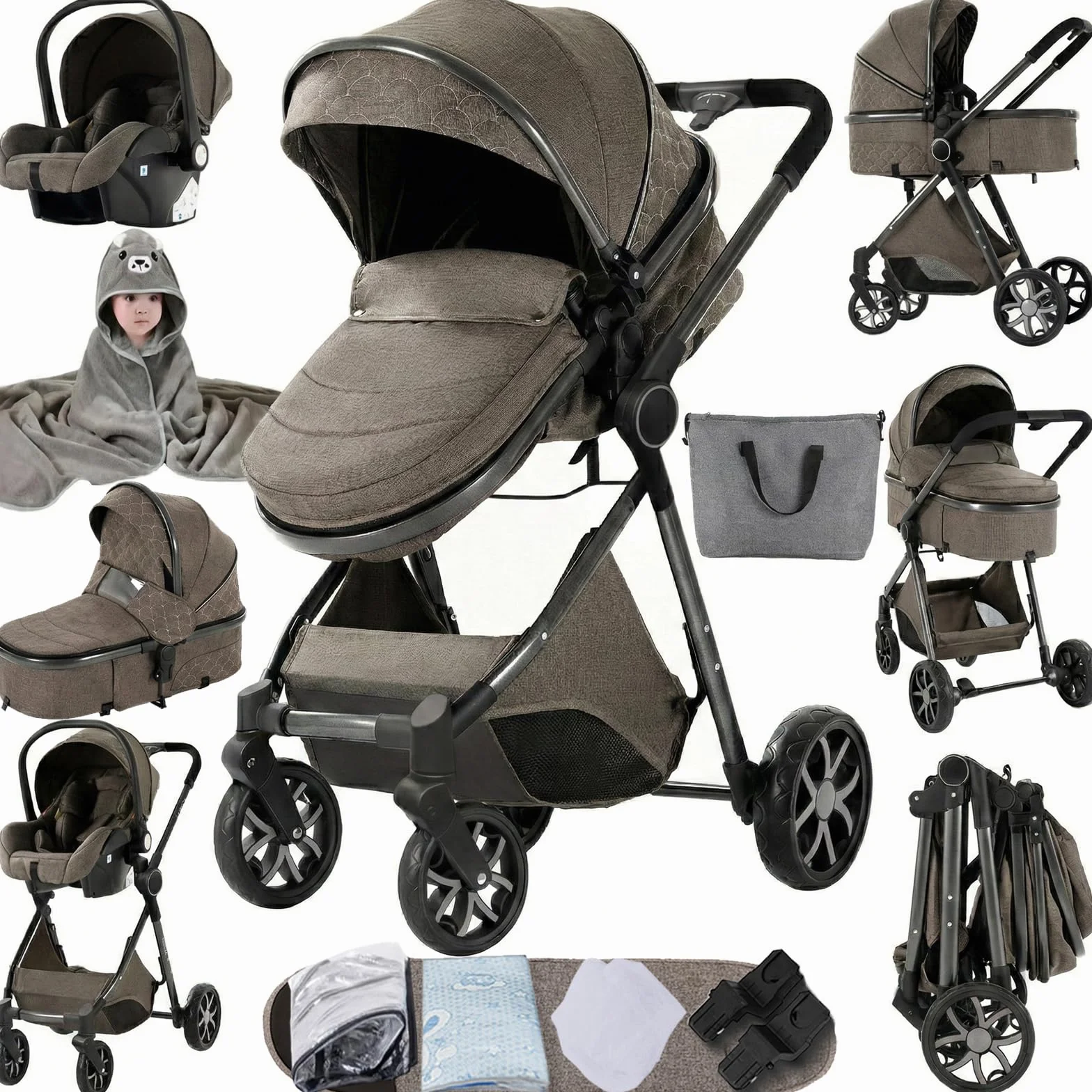 Poussette 3 en 1 Bebe avec Mode Double Poussée Réversible, Poussette Citadine Nacelle Grande, Cadre en Alliage d'aluminium Pliable Haut Paysage (225 Chocolate)