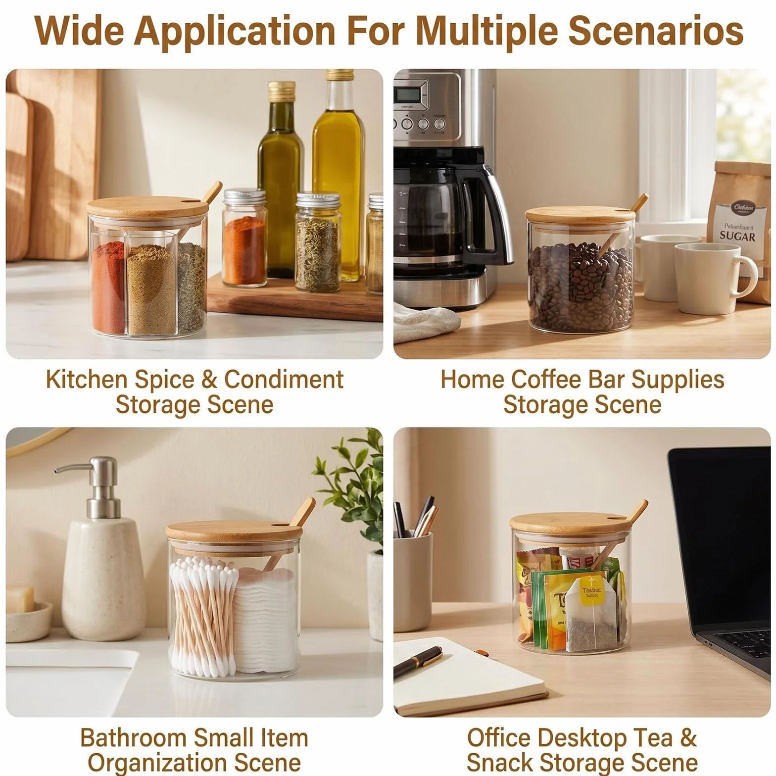 QUUPY Lot de 2 bocaux en verre transparent 300 ml avec cuillères et couvercles pour épices et assaisonnements