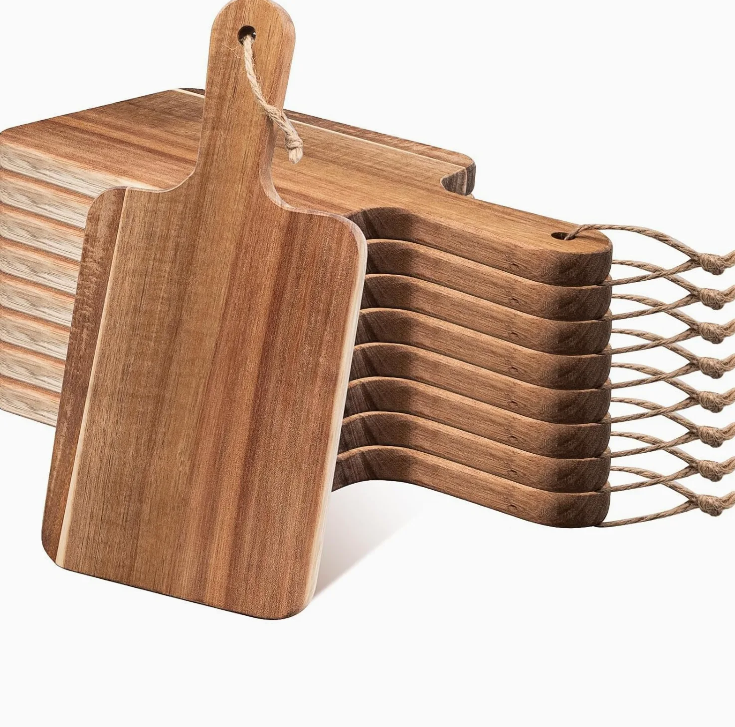 Lot de 10 planches à découper en bois d'acacia avec poignée, planche à charcuterie, planche de service pour viande, fruits, pain, fromage, planche à découper – 30 x 15 cm
