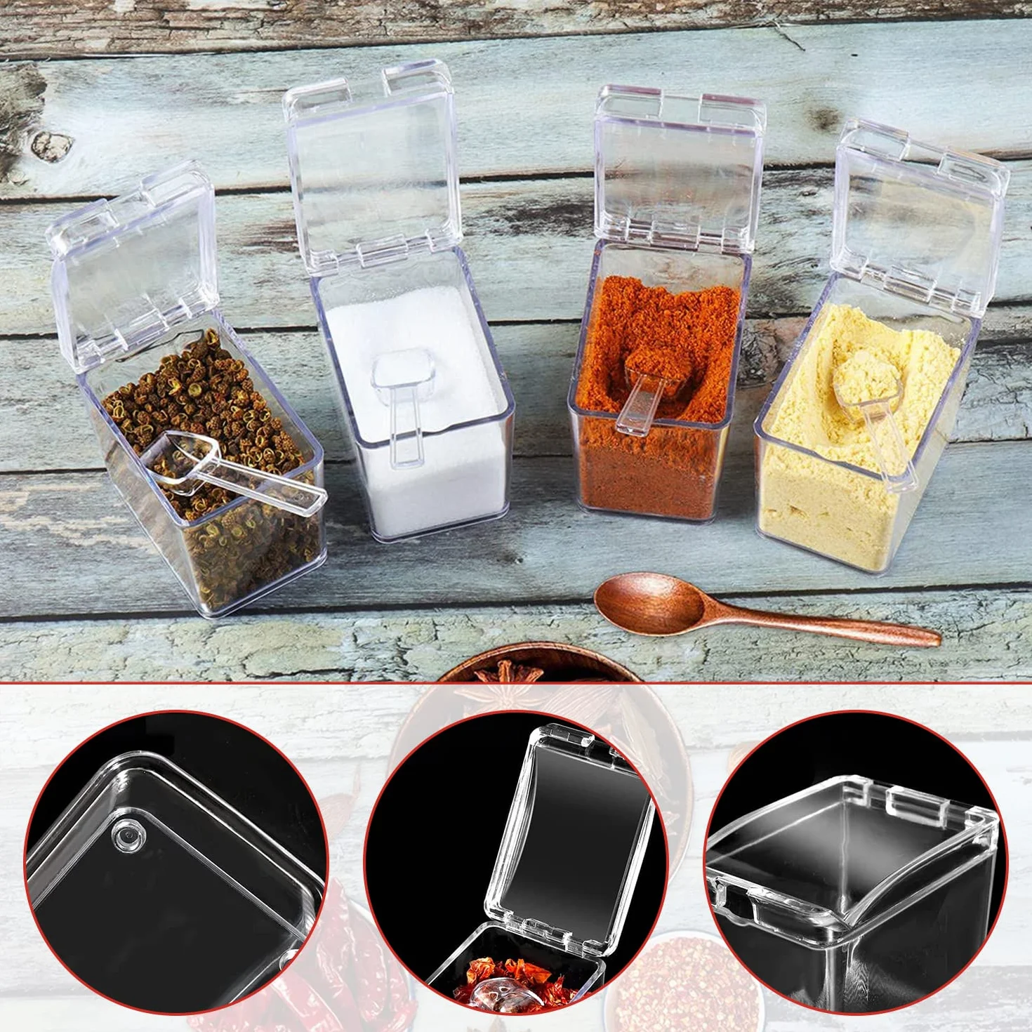 Plastique Boite a Epices Cuisine avec Cuillere 4 en 1 pour Camping Rangement de Condiments