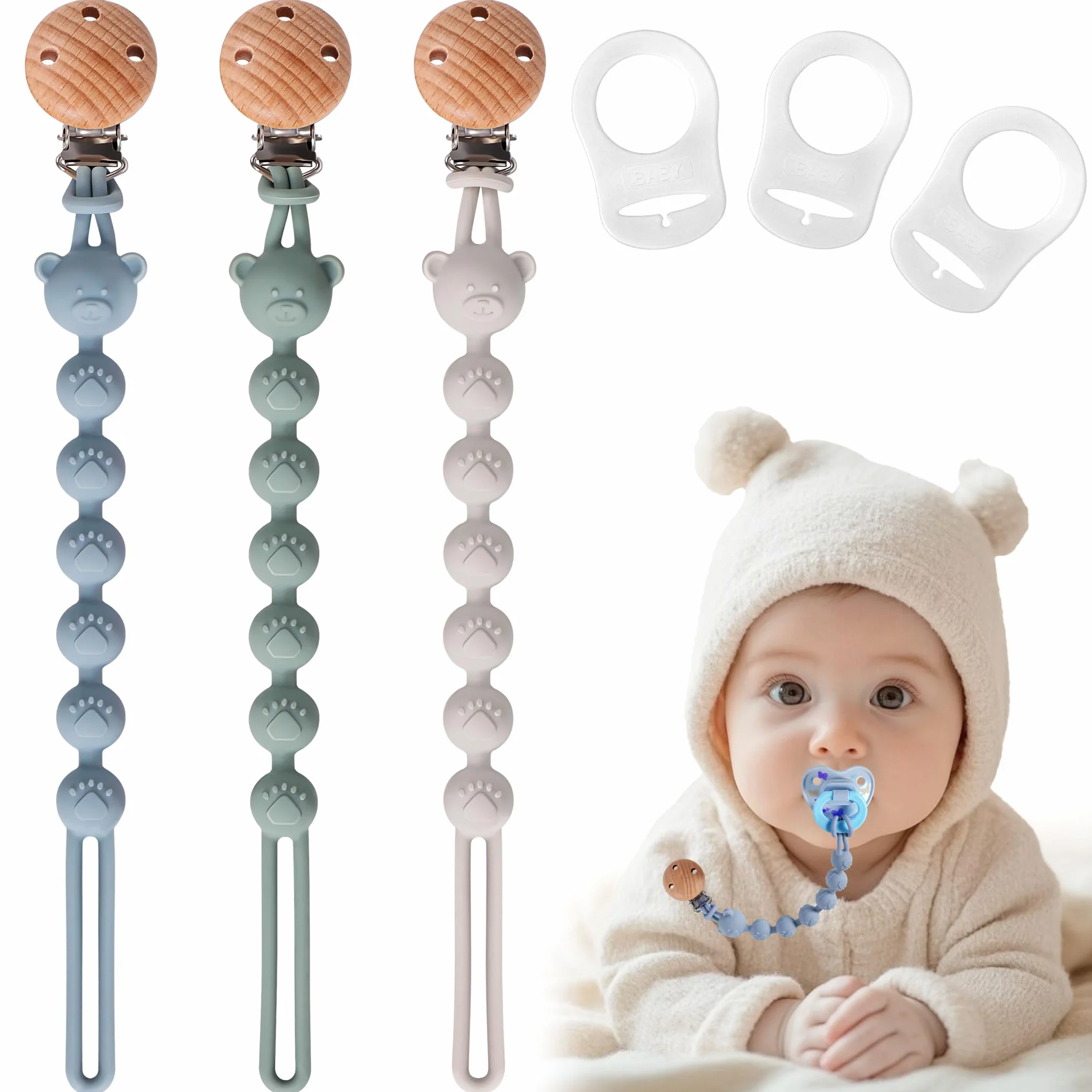 Pack de 3 Attache Tetine Silicone Bebe, Accroche Sucette Sans BPA, Élastiques et Robustess (Bleu Sauge Gris Clair)
