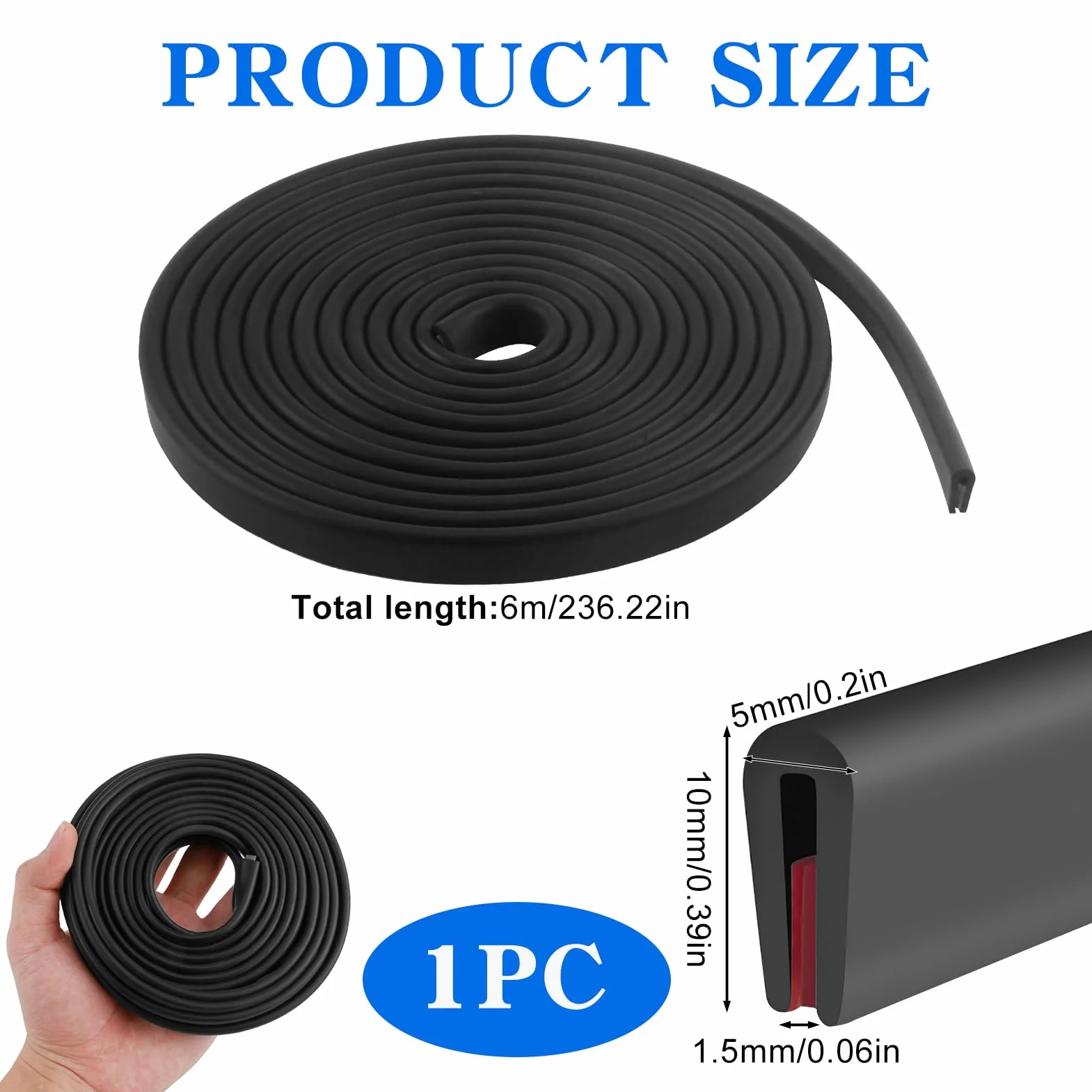 Protection de bords en caoutchouc EPDM en forme de U 1,5 mm x 6 m pour tôles portes de voiture
