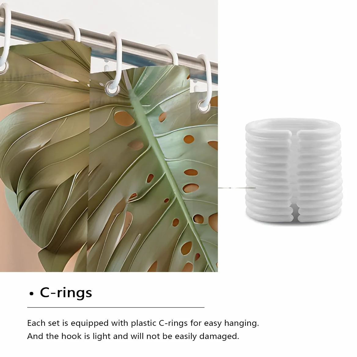 Rideau de douche à feuilles de monstera tropicales pour décoration de salle de bain, rideau de bain en tissu botanique feuilles de palmier vert style bohème, lavable avec crochets W200xL200 cm