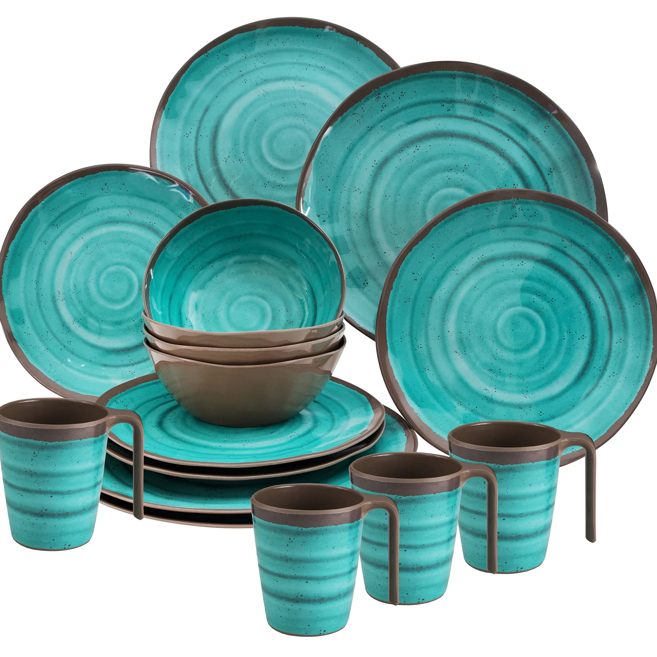 Service table mélamine tasses 4 personnes 16 camping Vert marron