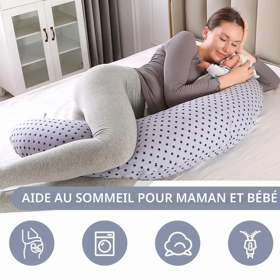 Coussin Allaitement 2 en 1 XXL Grossesse avec Housse Coton Bleu
