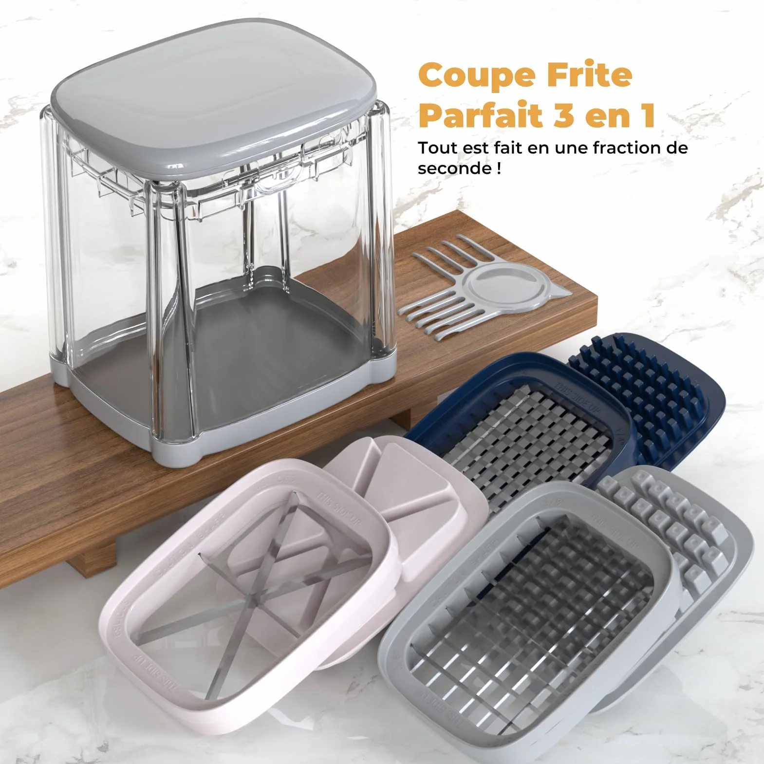 Coupe Frites Manuel, Coupe Frite Rapide avec 3 Lames en Acier Inoxydable, Gris