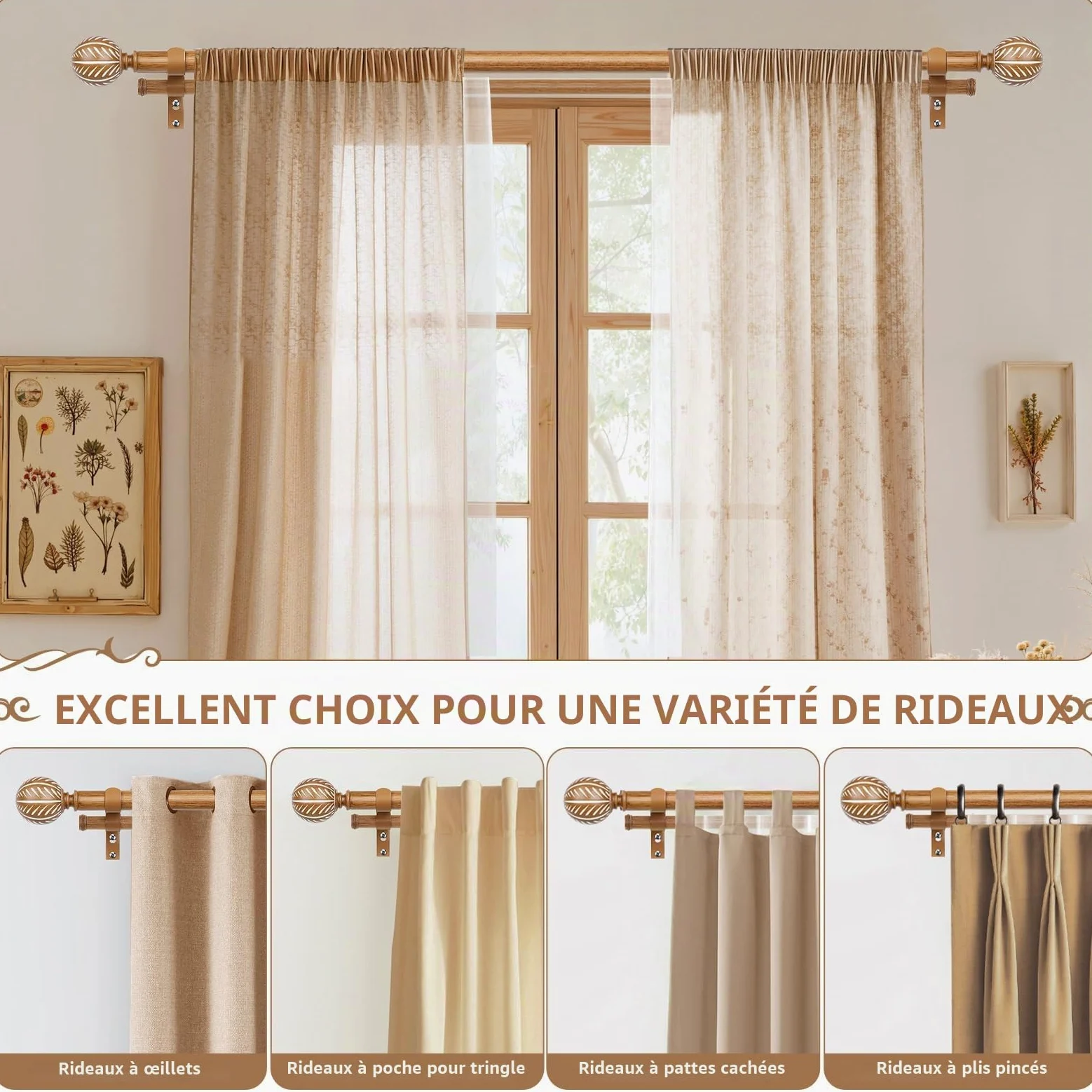 KAMANINA Tringle à rideaux double en bois de 2,5 cm pour fenêtres de 167,6 à 304,8 cm (1,5 à 3 m) – Tringles à rideaux décoratives très résistantes avec embouts à motif de feuilles – Grain de bois