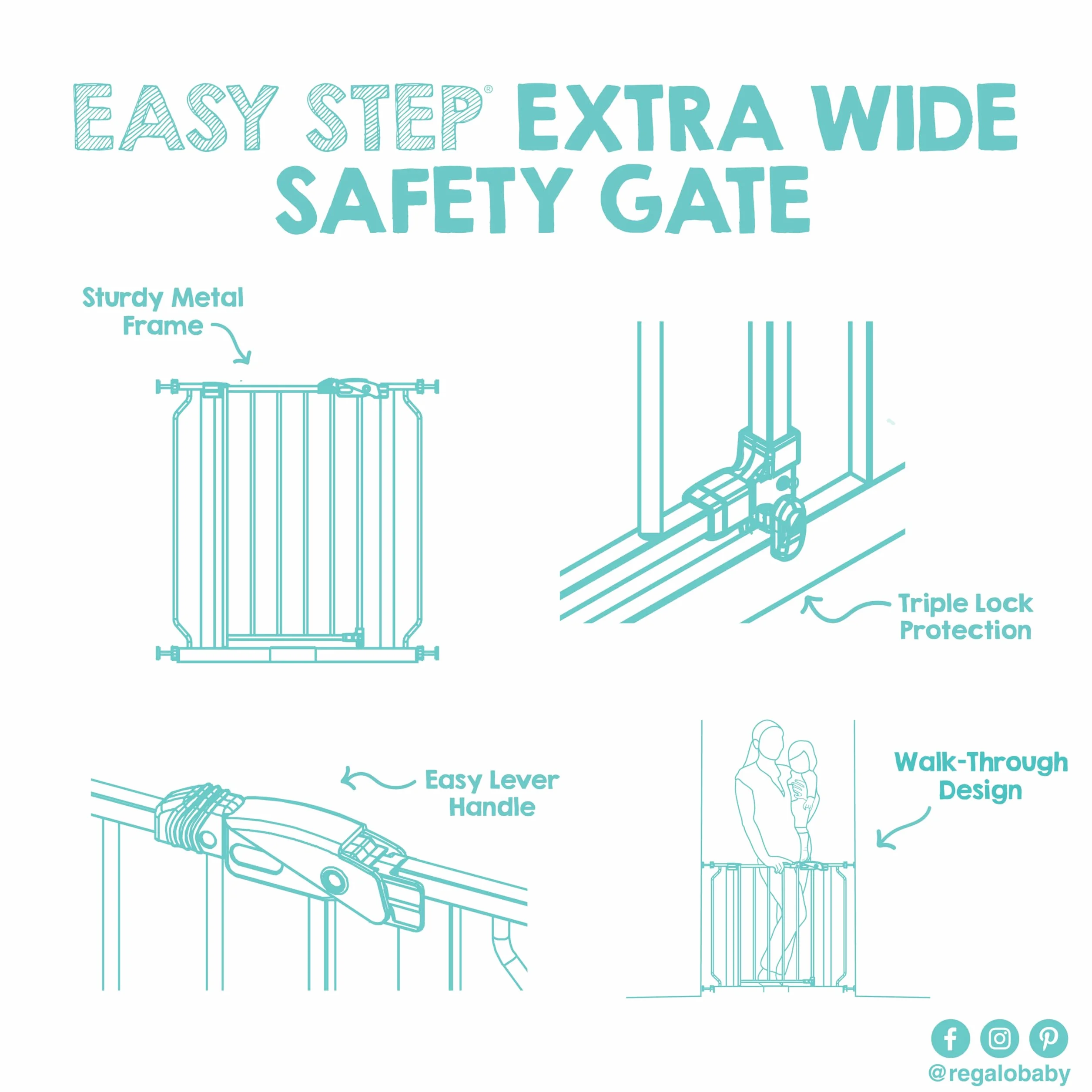 Regalo Safety Extra Wide Baby Gate for Doorways & Stairs, Fits 73.6-122cm, Pressure Mounted, White