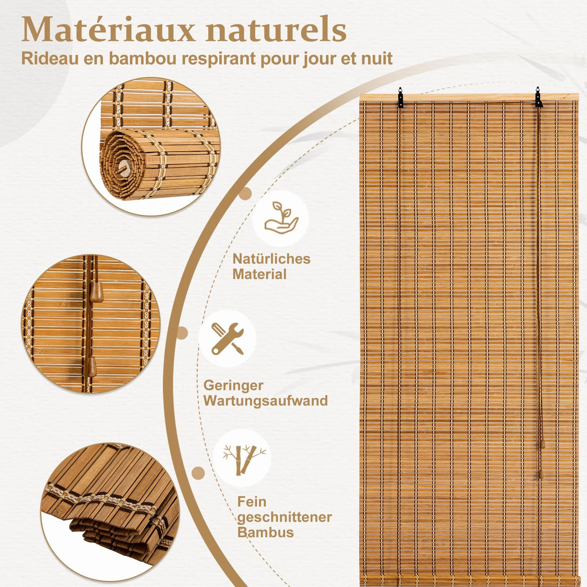 Store Occultant,Store Bambou Intérieur,Protection Solaire Protection visuelle Store à enroulement à tirage latéral pour Fenêtres et Portes,120x180 cm