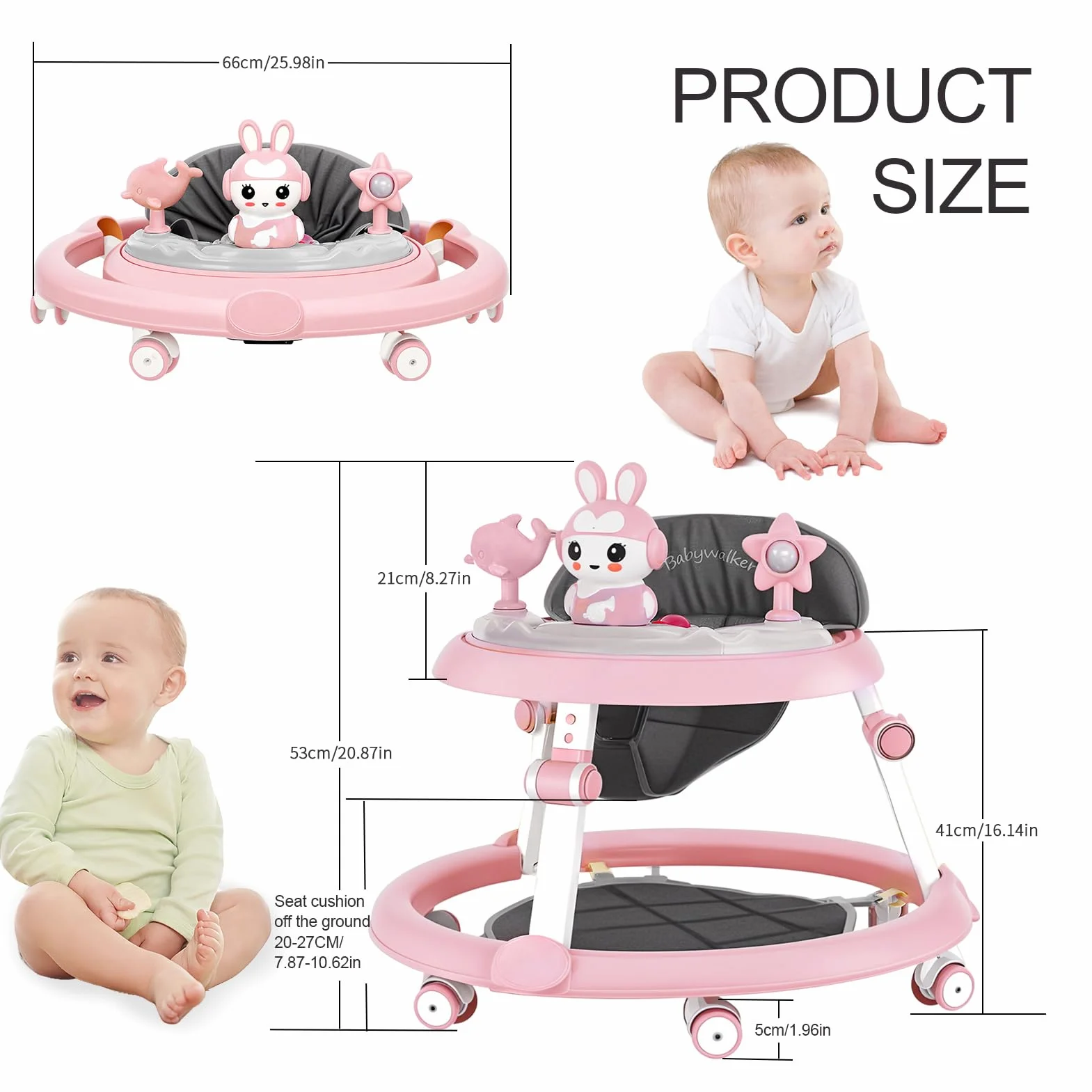 Trotteur Bébé Pliable Évolutif Réglable en Hauteur 7 Niveaux, Roues Silencieuses, Anti Basculement 6-18 Mois Rose